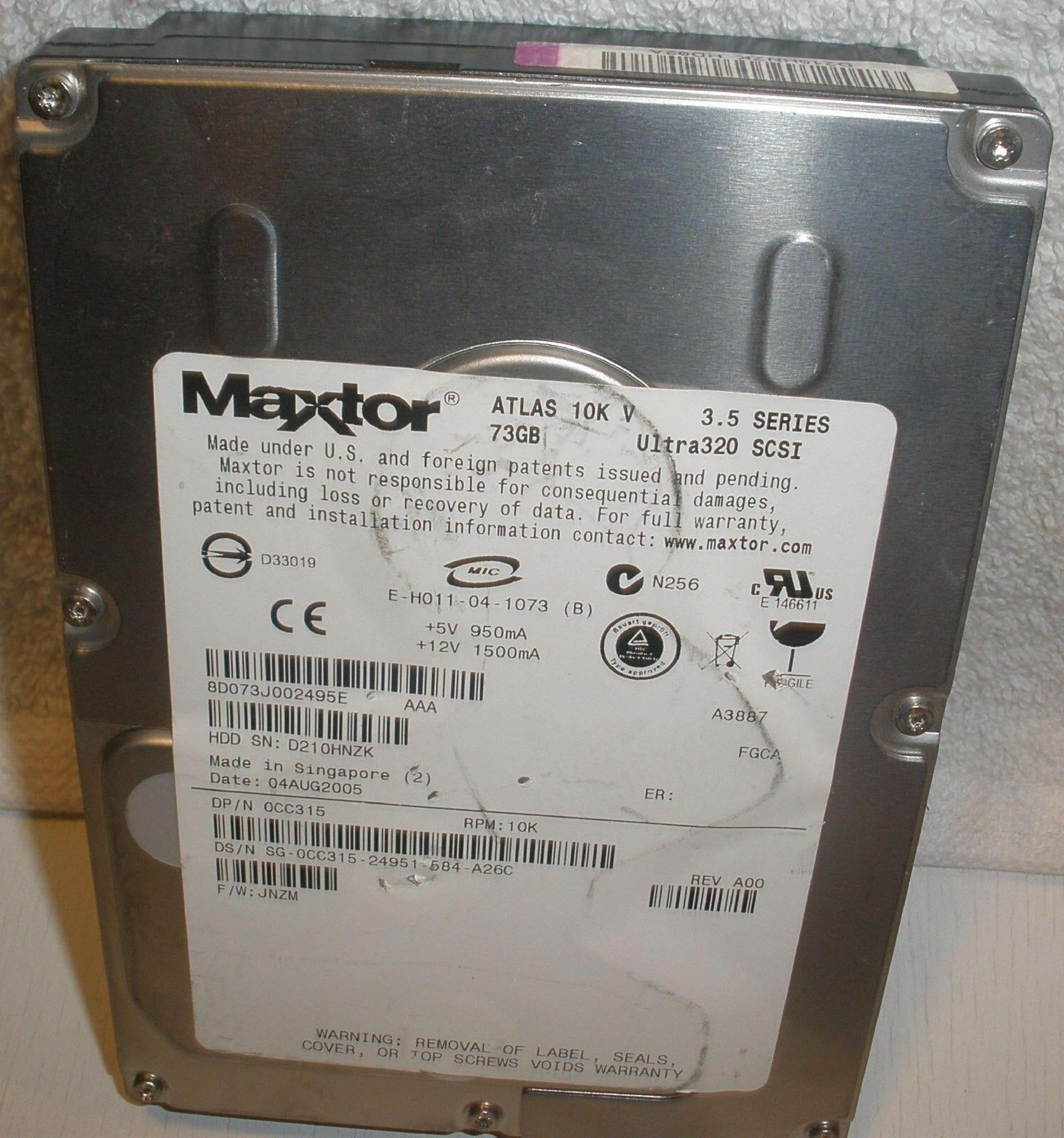 DELL / MAXTOR 0CC315 73GB ULTRA320 SCSI DRIVE 10K RPM FIRMWARE JNZM ATLAS V 3.5IN ULTRA 320 FGCA REV A00 F/W: DATE: 20JUL2005