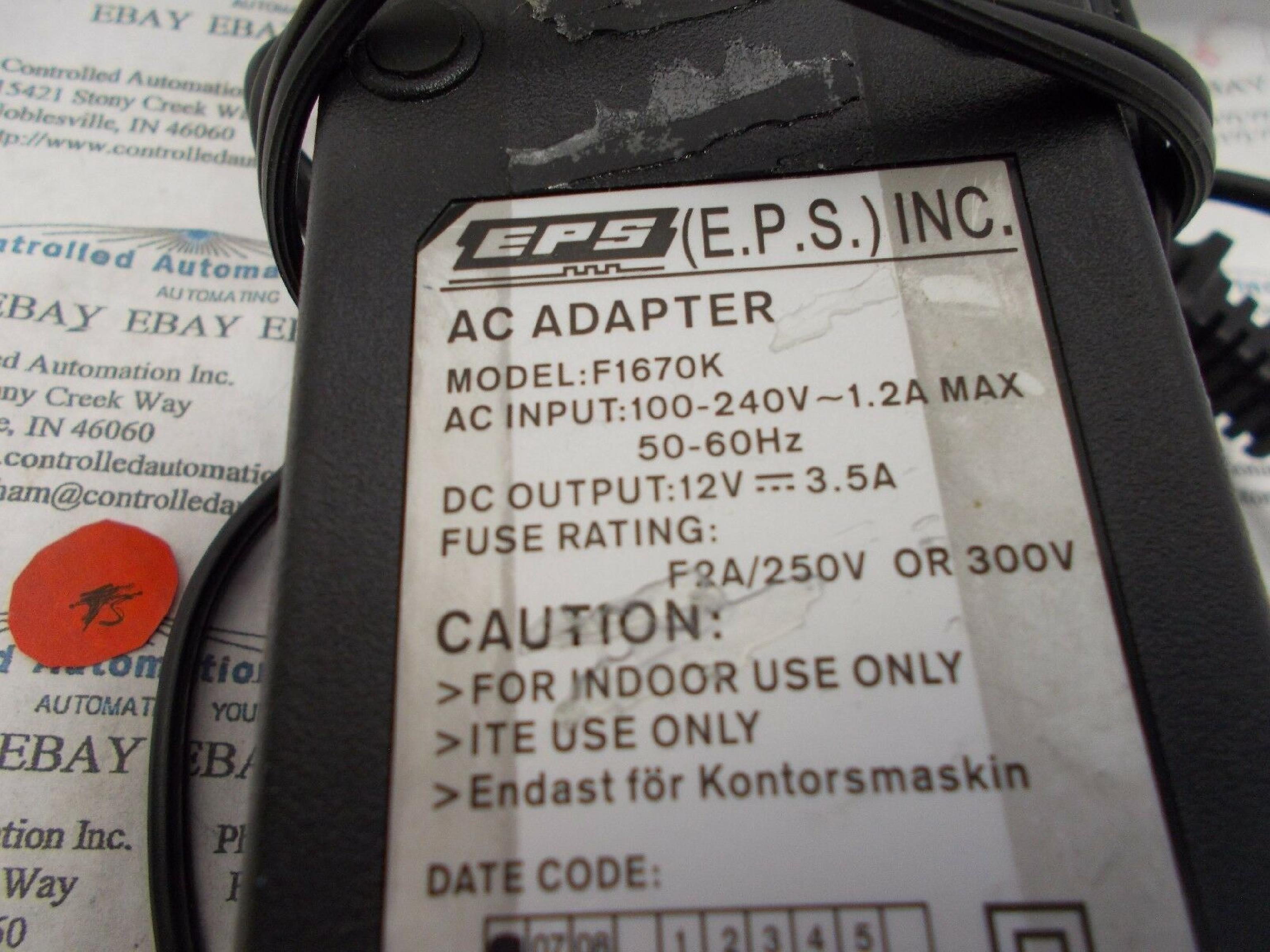 EPS F1670K 12VDC 3.5A AC ADAPTER WITH BARREL CONNECTOR, OD: 3MM, ID: 2.5MM