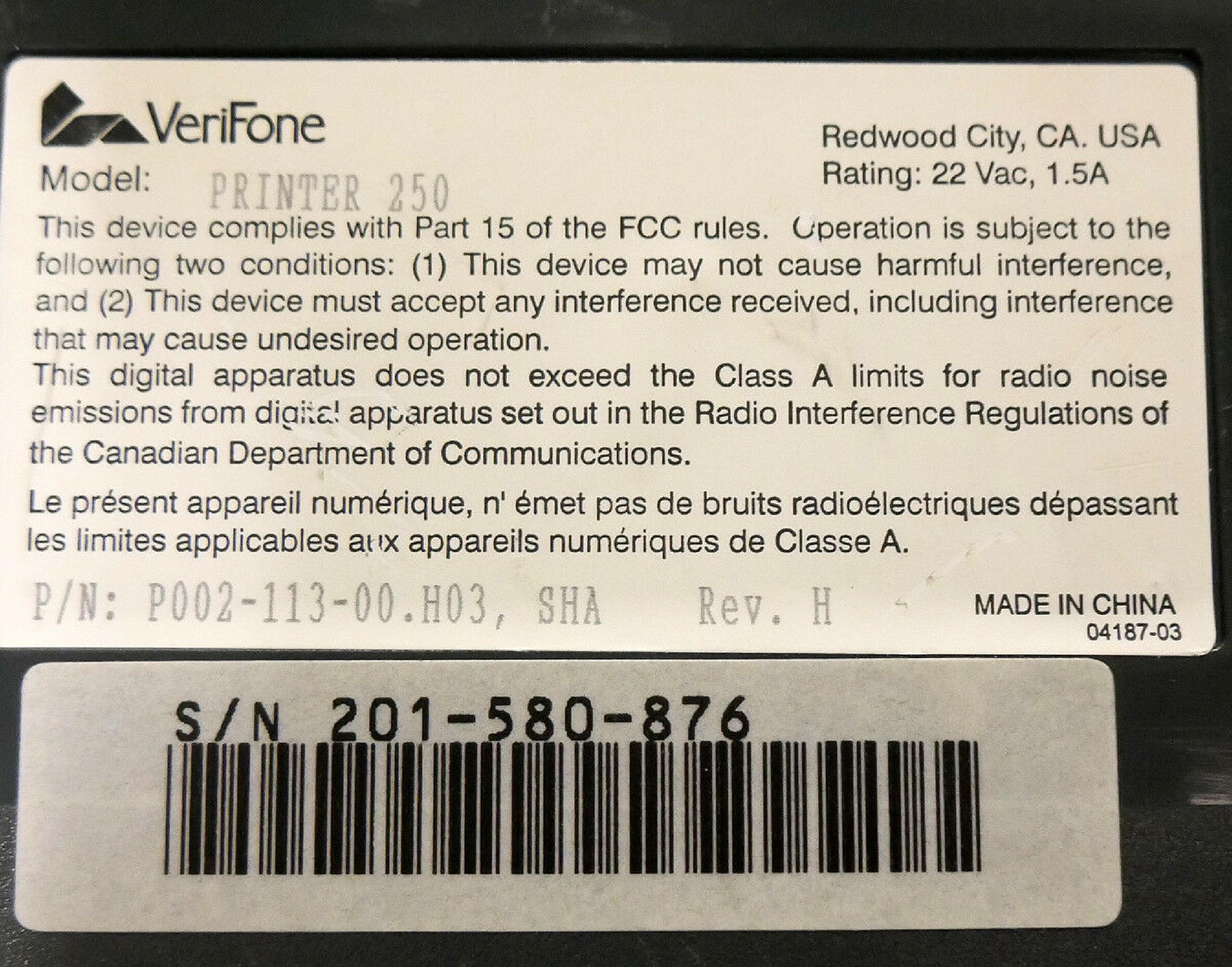 VERIFONE P002-113-00.H03 POS PRINTER WITH POWER SUPPLY REV H OR E