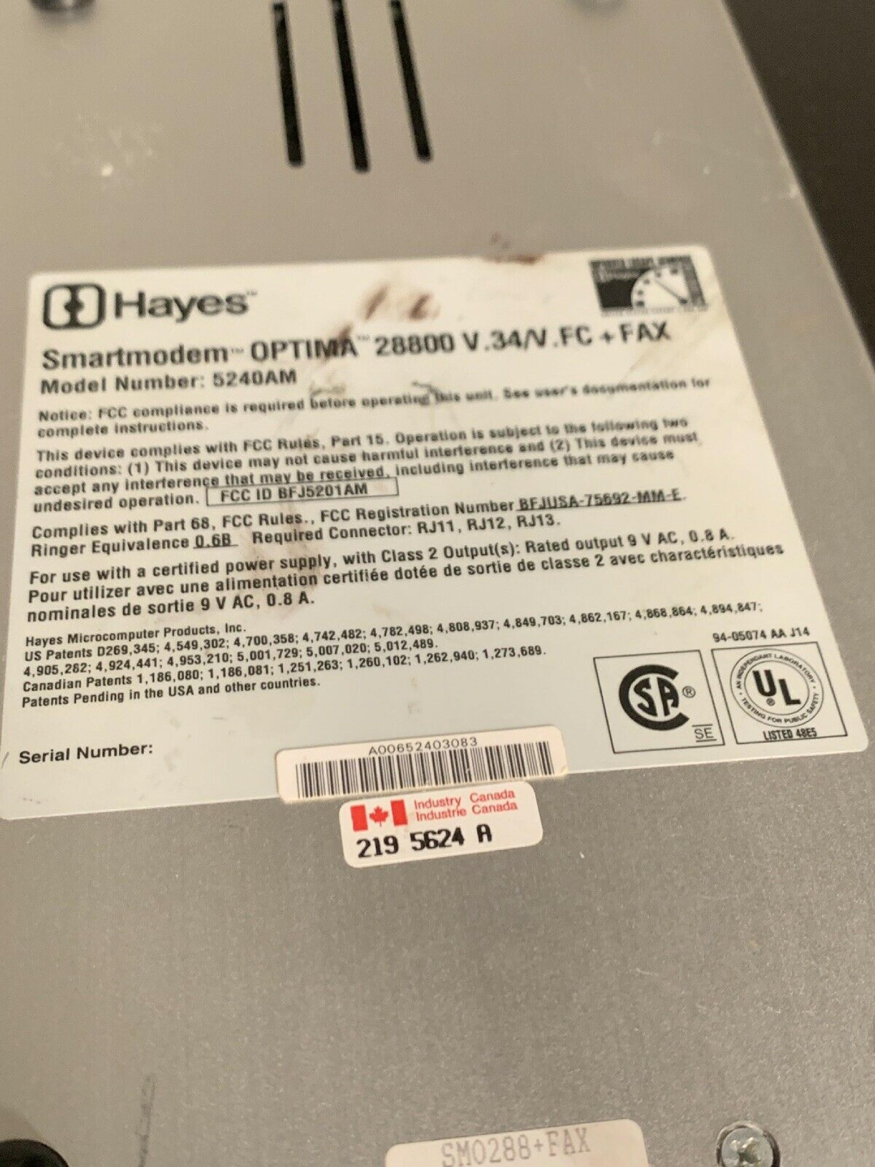 HAYES 5240AM SMARTMODEM OPTIMA 288 V.34/V.FC+FAX EXTERNAL MODEM WITH P/S