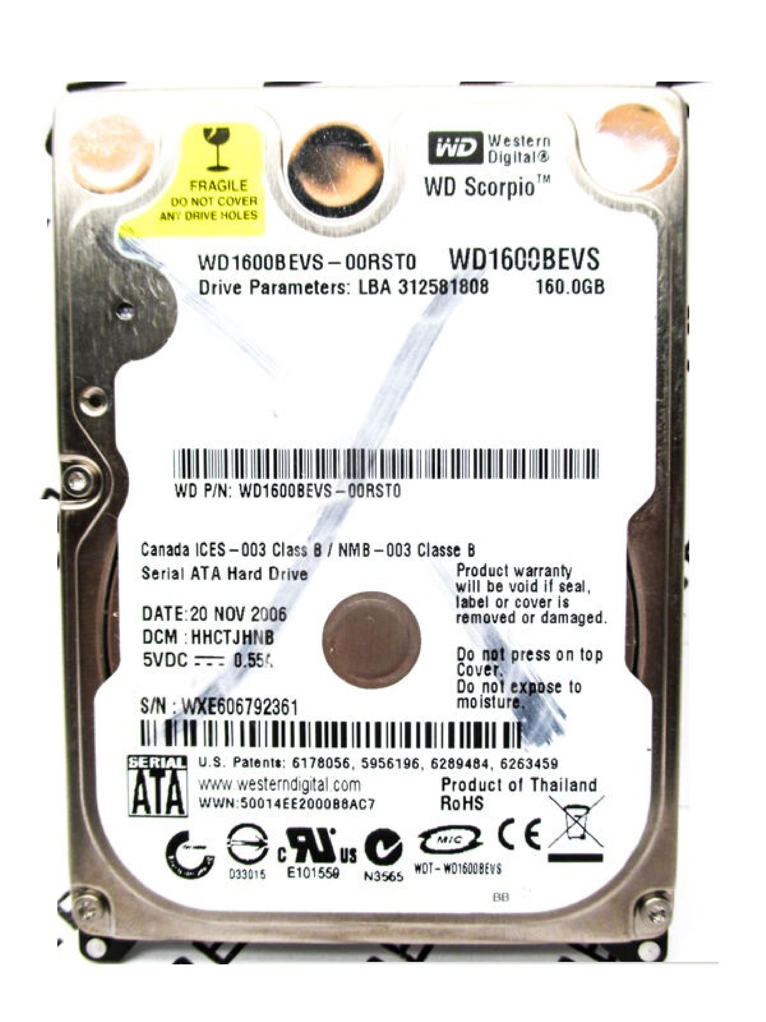 WESTERN DIGITAL / WD WD1600BEVS-00RST0 160B 2.5 INCH SATA DRIVE DCM FHNTJHB DATE 14 DEC 2009