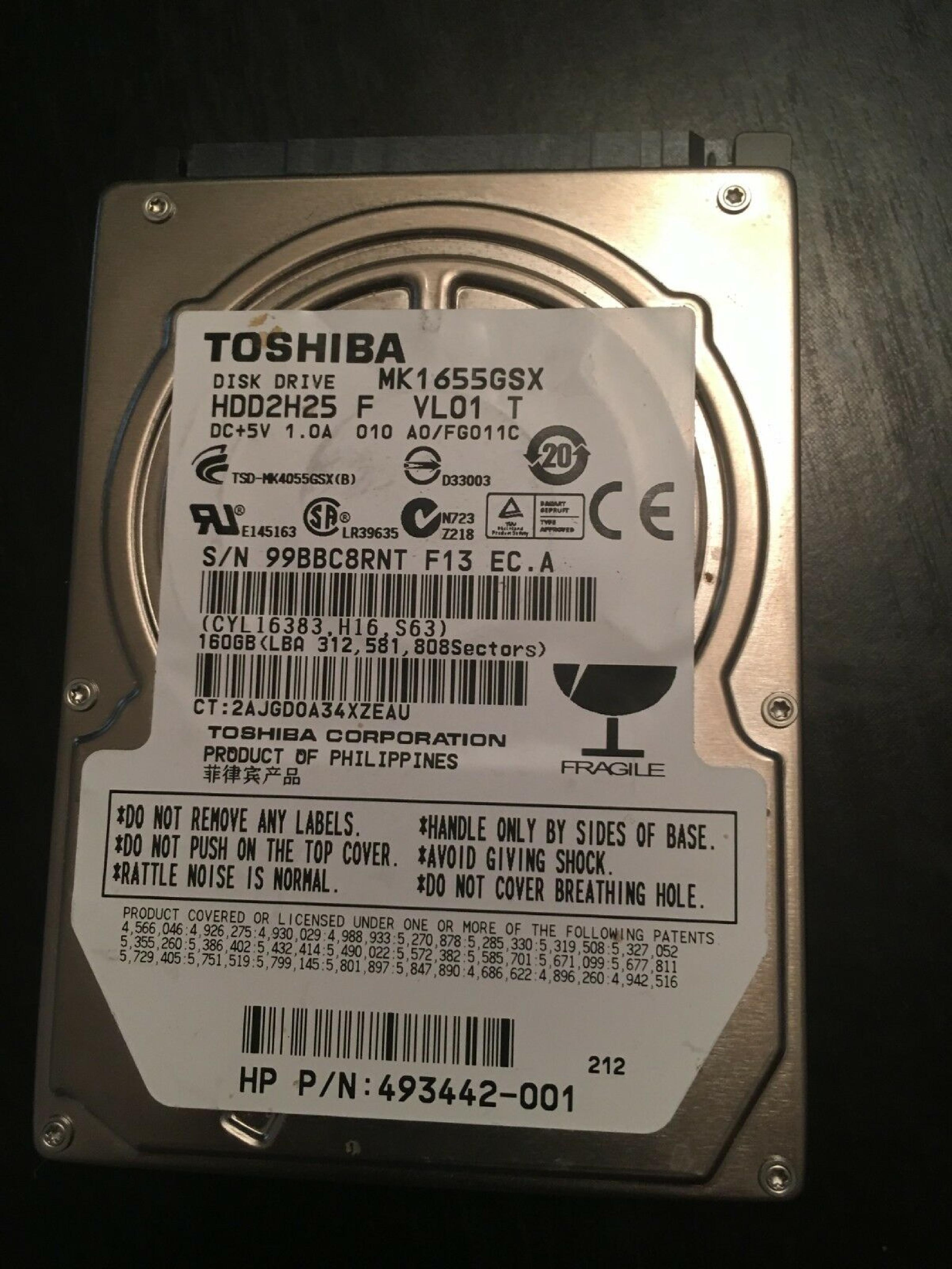 TOSHIBA HDD2H25 160GB 2.5 INCH SATA DRIVE F12 EC.A UL01