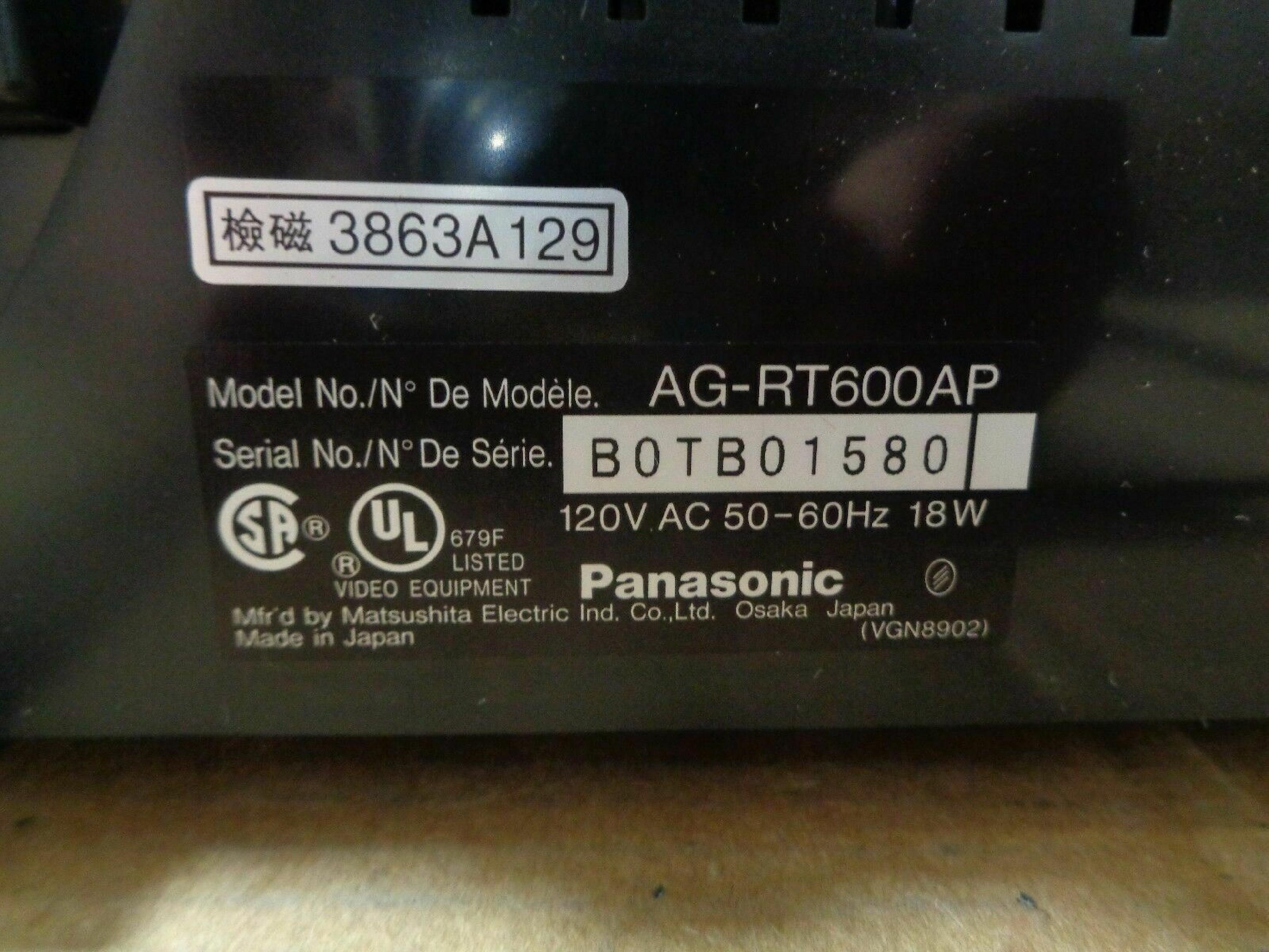 PANASONIC AG-RT600A TIME LAPSE VIDEO CASSETTE RECORDER