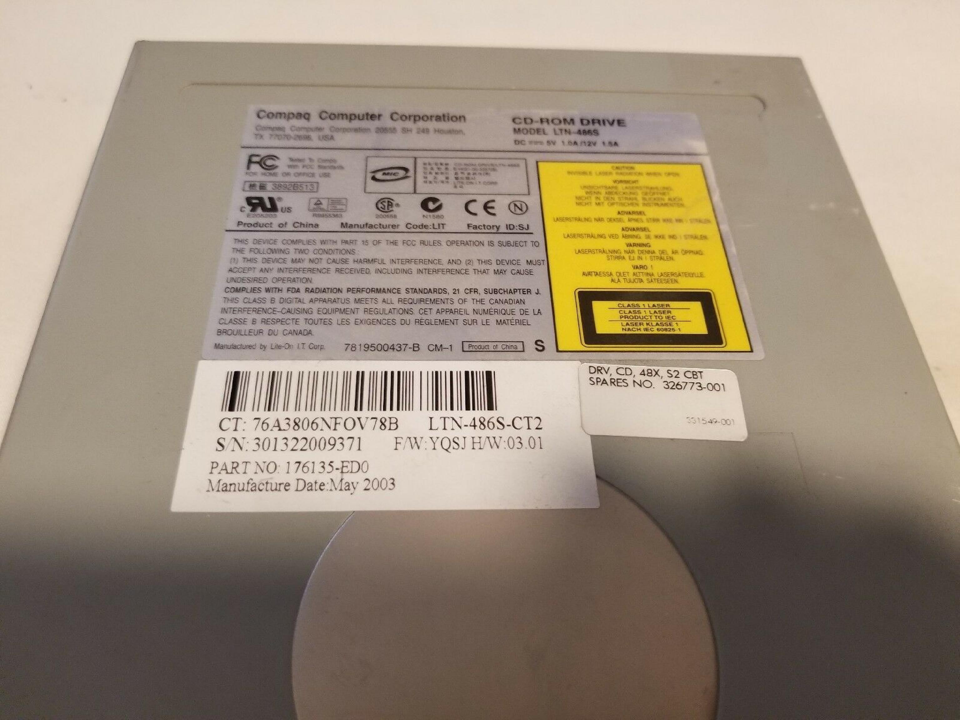 LITEON / COMPAQ / HEWLETT PACKARD / HP LTN-486S BLACK FACE, IN IBM FACTORY BOXES CDROM DRIVE BEZEL LTN-486S 48X CD-ROM CD ROM P/N: 212489