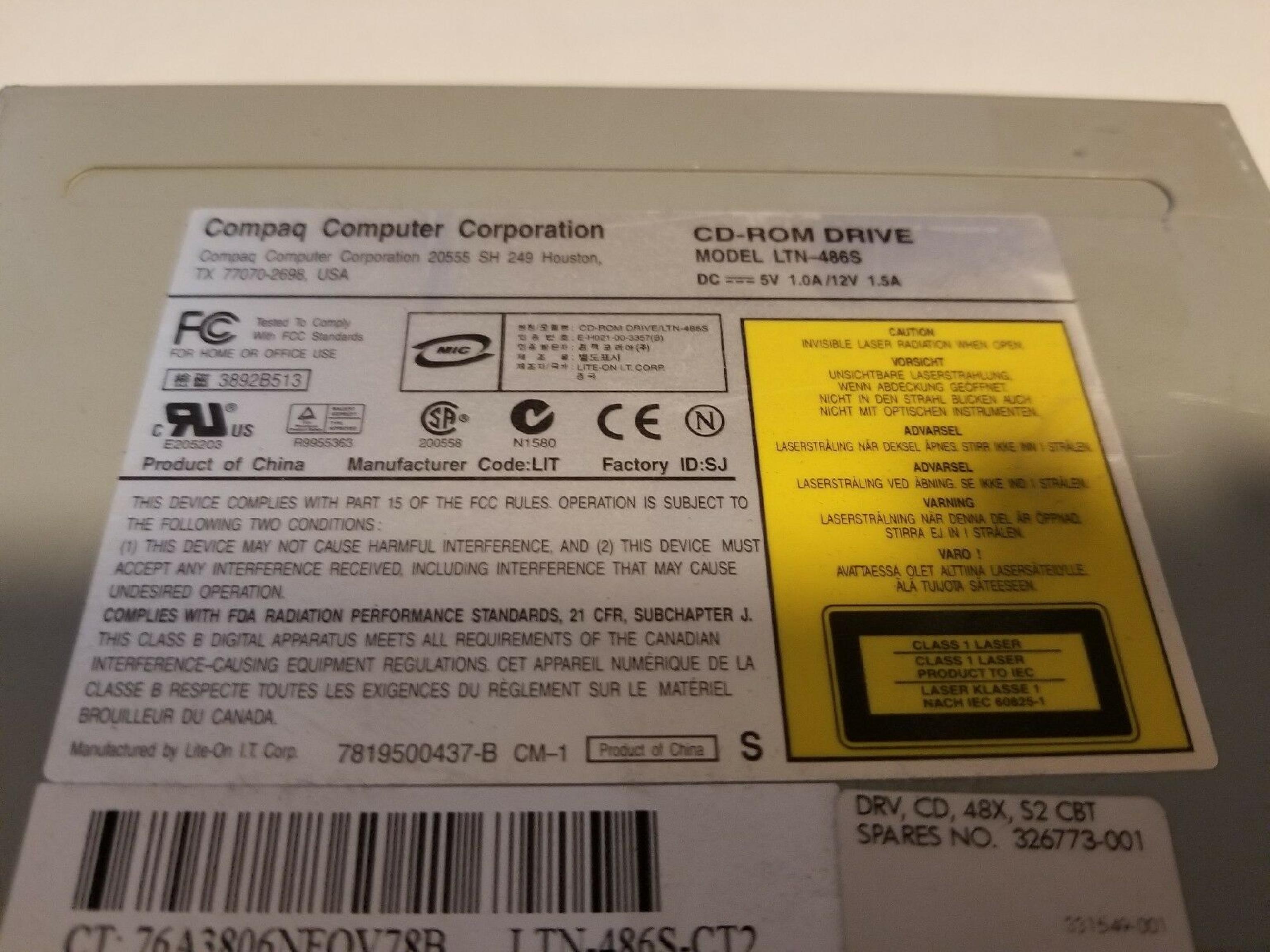 LITEON / COMPAQ / HEWLETT PACKARD / HP LTN-486S BLACK FACE, IN IBM FACTORY BOXES CDROM DRIVE BEZEL LTN-486S 48X CD-ROM CD ROM P/N: 212489