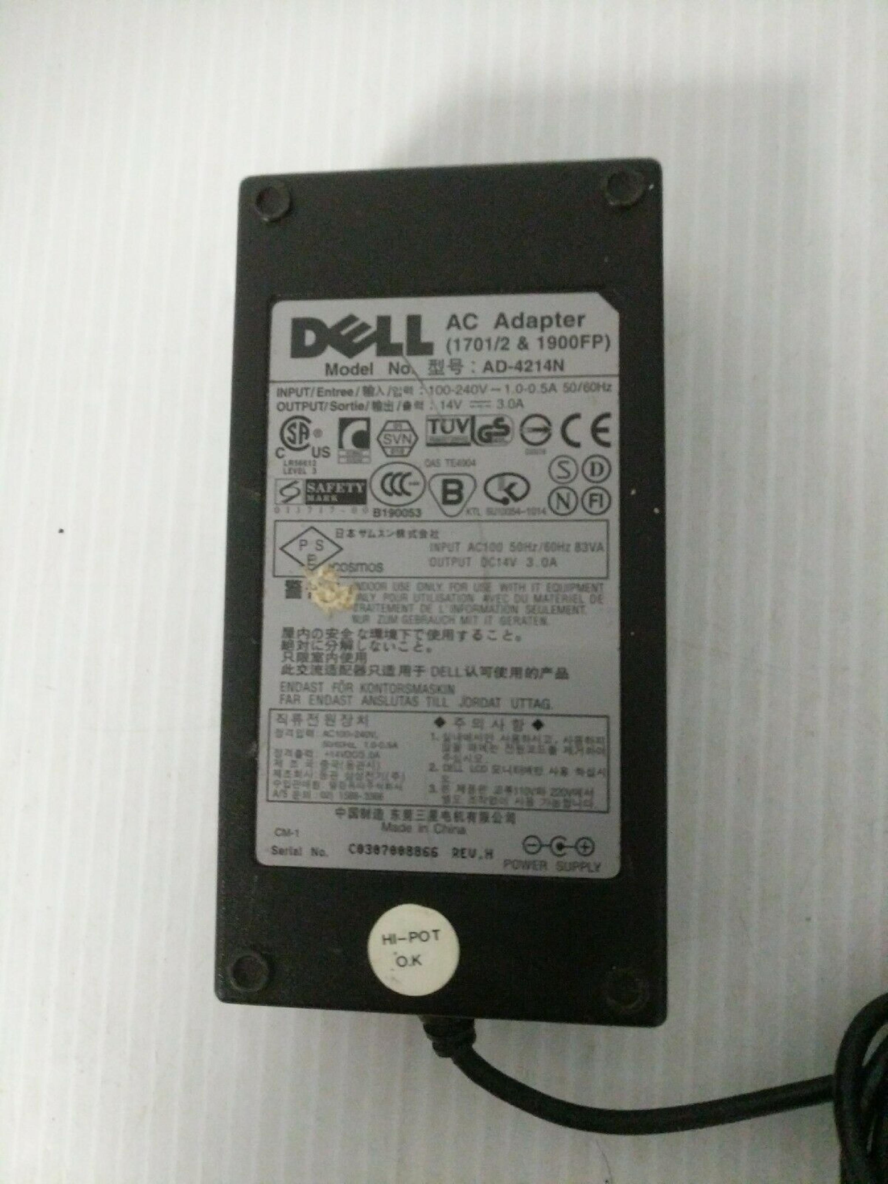 DELL AD-4214N AC ADAPTER POWER SUPPLY 14VDC 3.0A OD: 6.0MM ID: 4.35MM DESKTOP STYLE INSIDE POLE POSITIVE