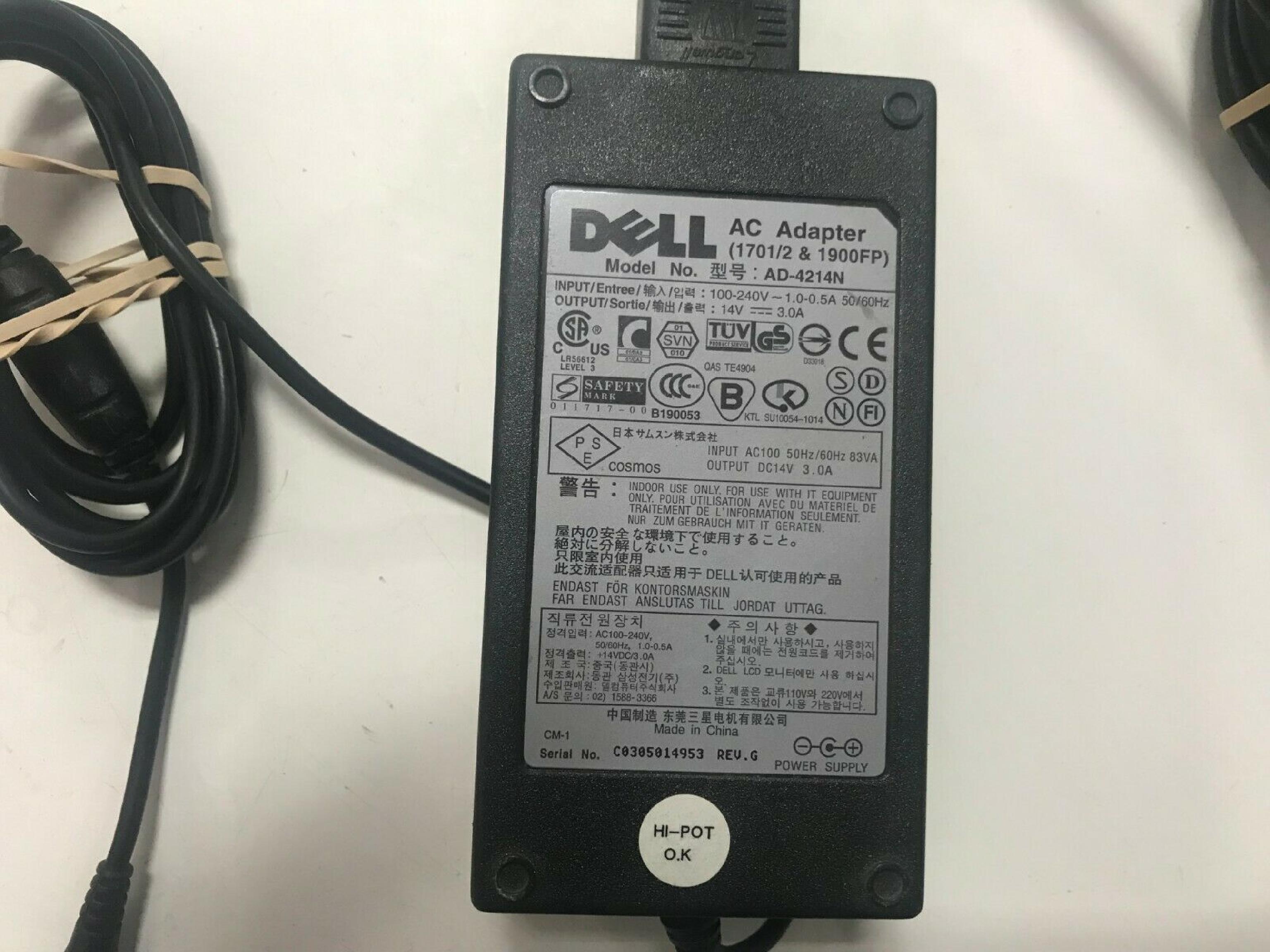 DELL AD-4214N AC ADAPTER POWER SUPPLY 14VDC 3.0A OD: 6.0MM ID: 4.35MM DESKTOP STYLE INSIDE POLE POSITIVE