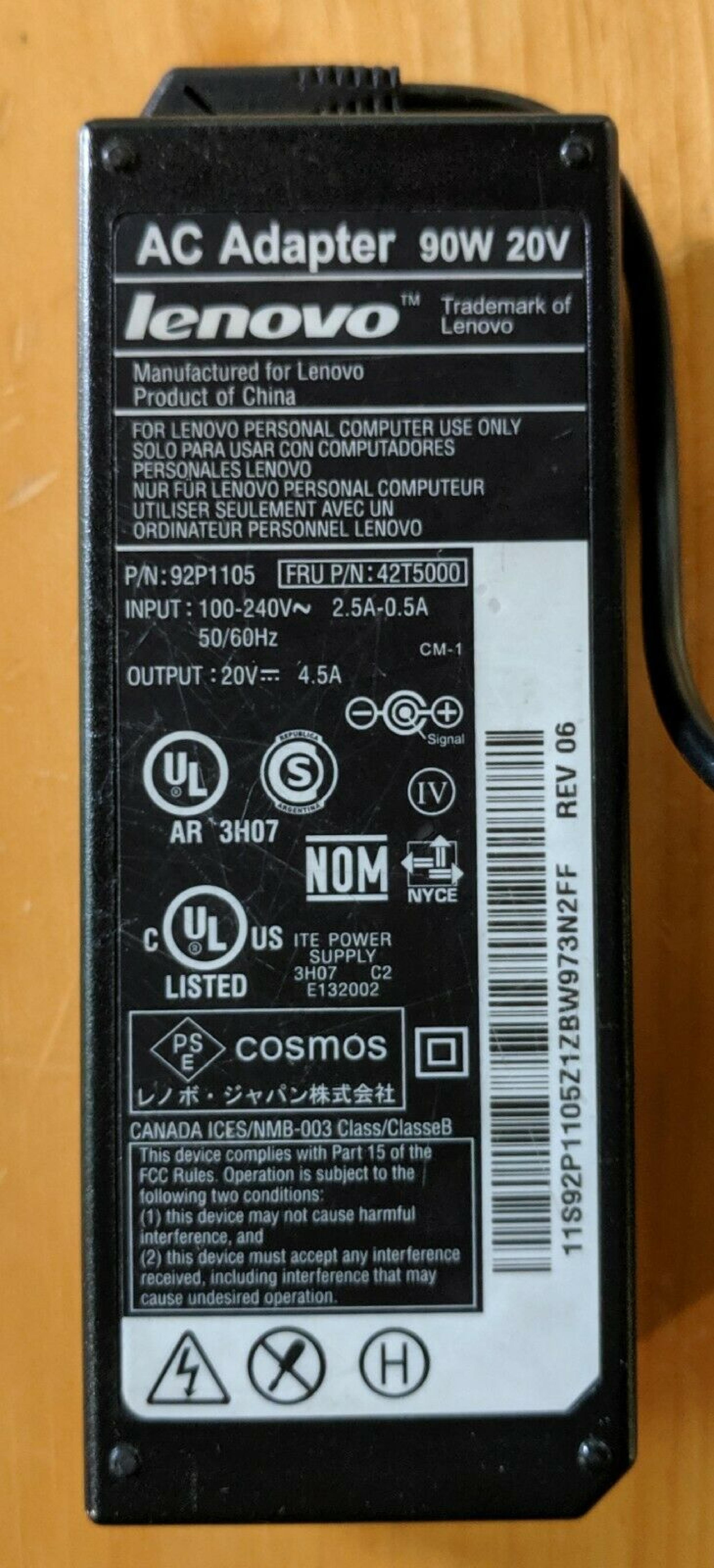 LENOVO / IBM 92P1105 AC ADAPTER POWER SUPPLY 20V 4.5A 90W