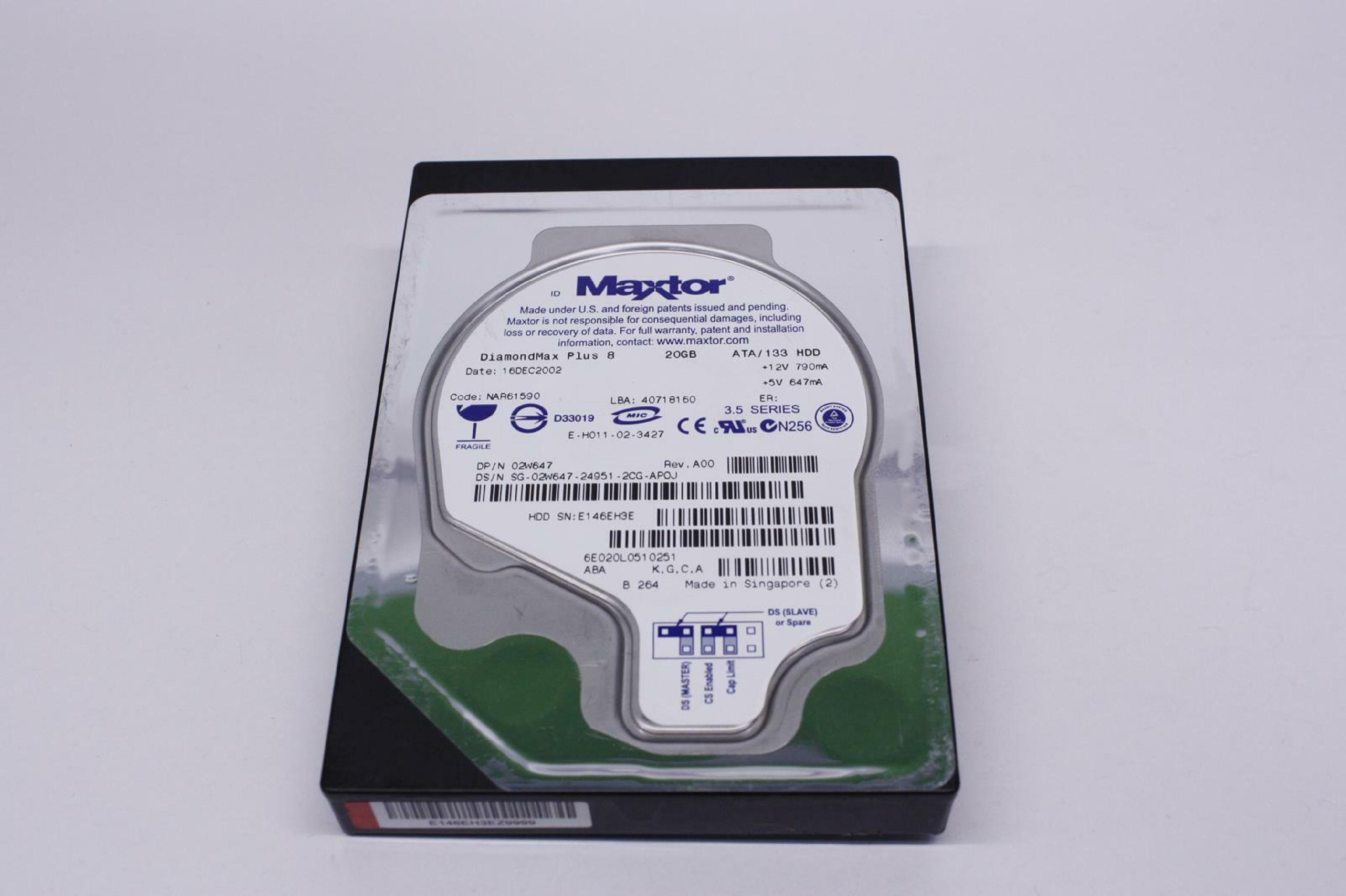 DELL 2W647 20GB IDE DRIVE LBA 40718160 DATE 02APR2003 CODE NAR61590