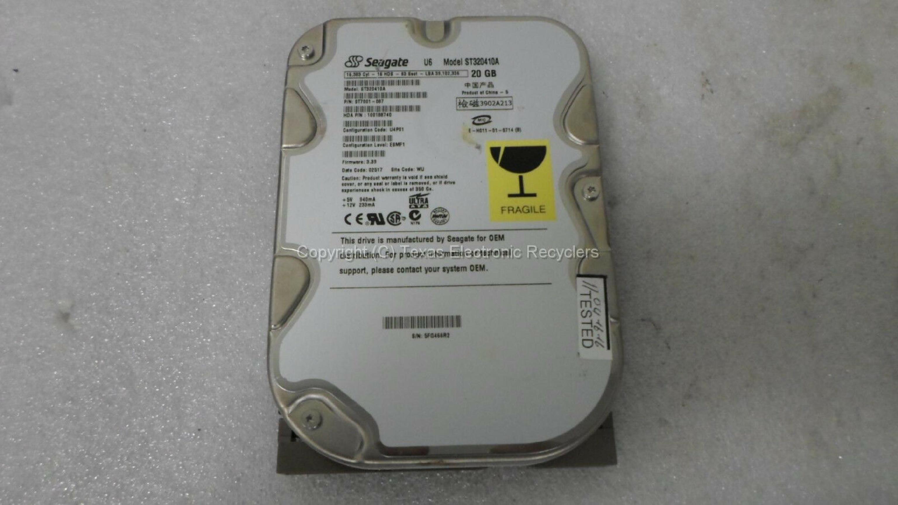 SEAGATE 100188740 20GB IDE DRIVE CONF U1A04 BSMF1 FIRMWARE 5.32 DATE 02437 SITE WU