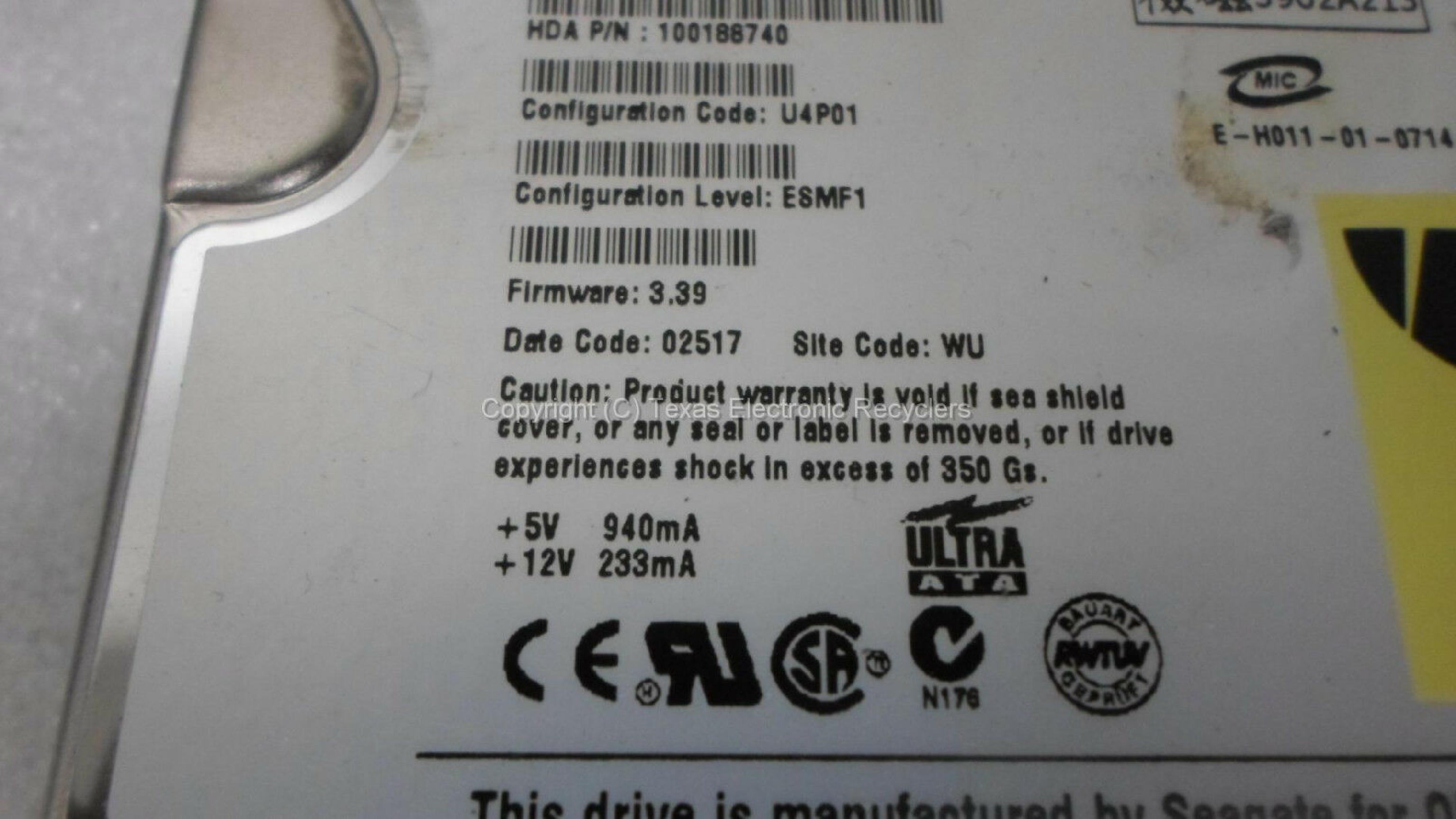 SEAGATE 100188740 20GB IDE DRIVE CONF U1A04 BSMF1 FIRMWARE 5.32 DATE 02437 SITE WU