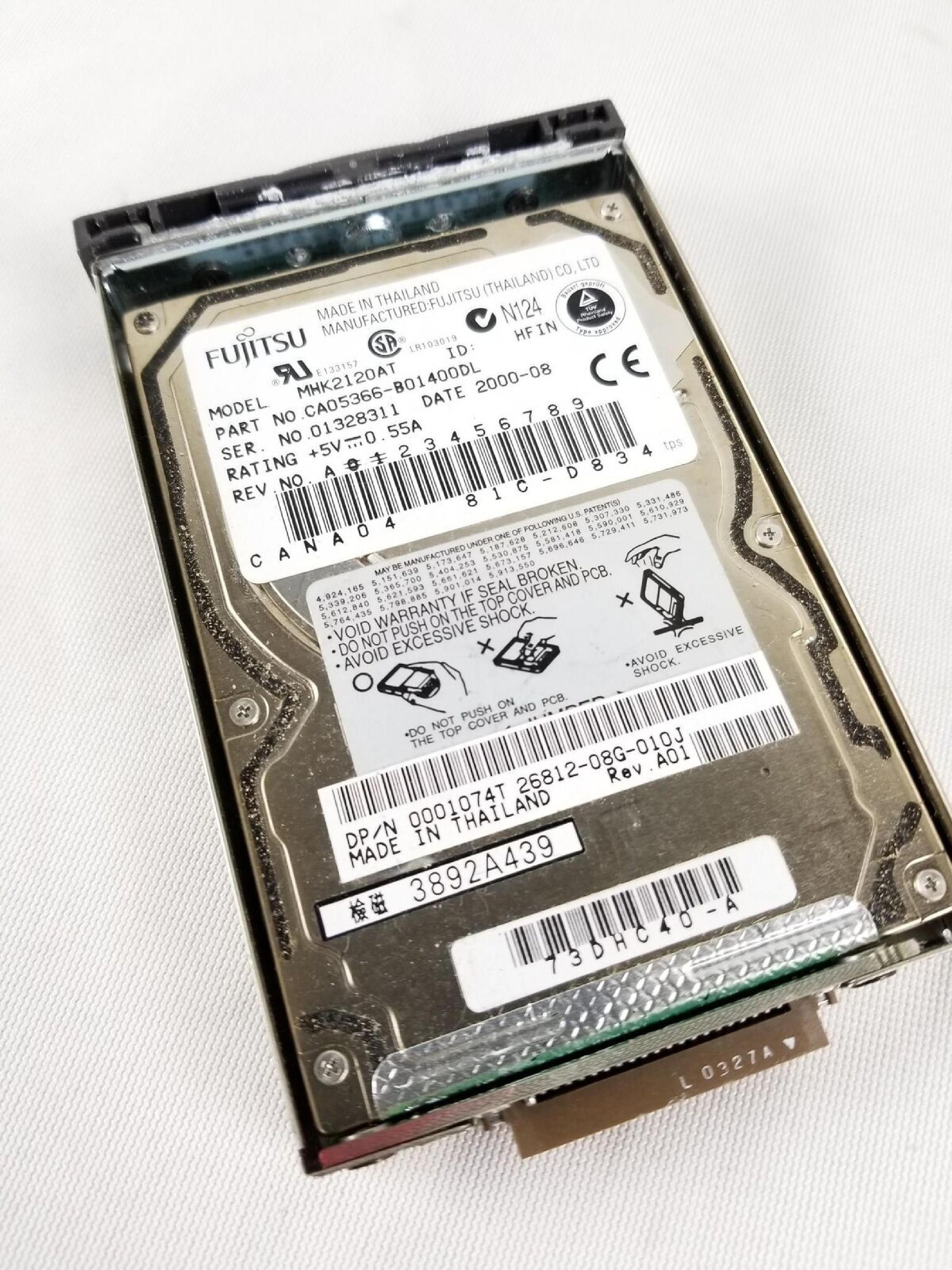 FUJITSU MHK2120AT 12GB 2.5 INCH DRIVE CANA04 417-D834 DATE 2000-04 2.5IN 4200 RPM ATA/IDE DATE: 2000-08 ID: HFIN REV. A01 2000-09 HTIN