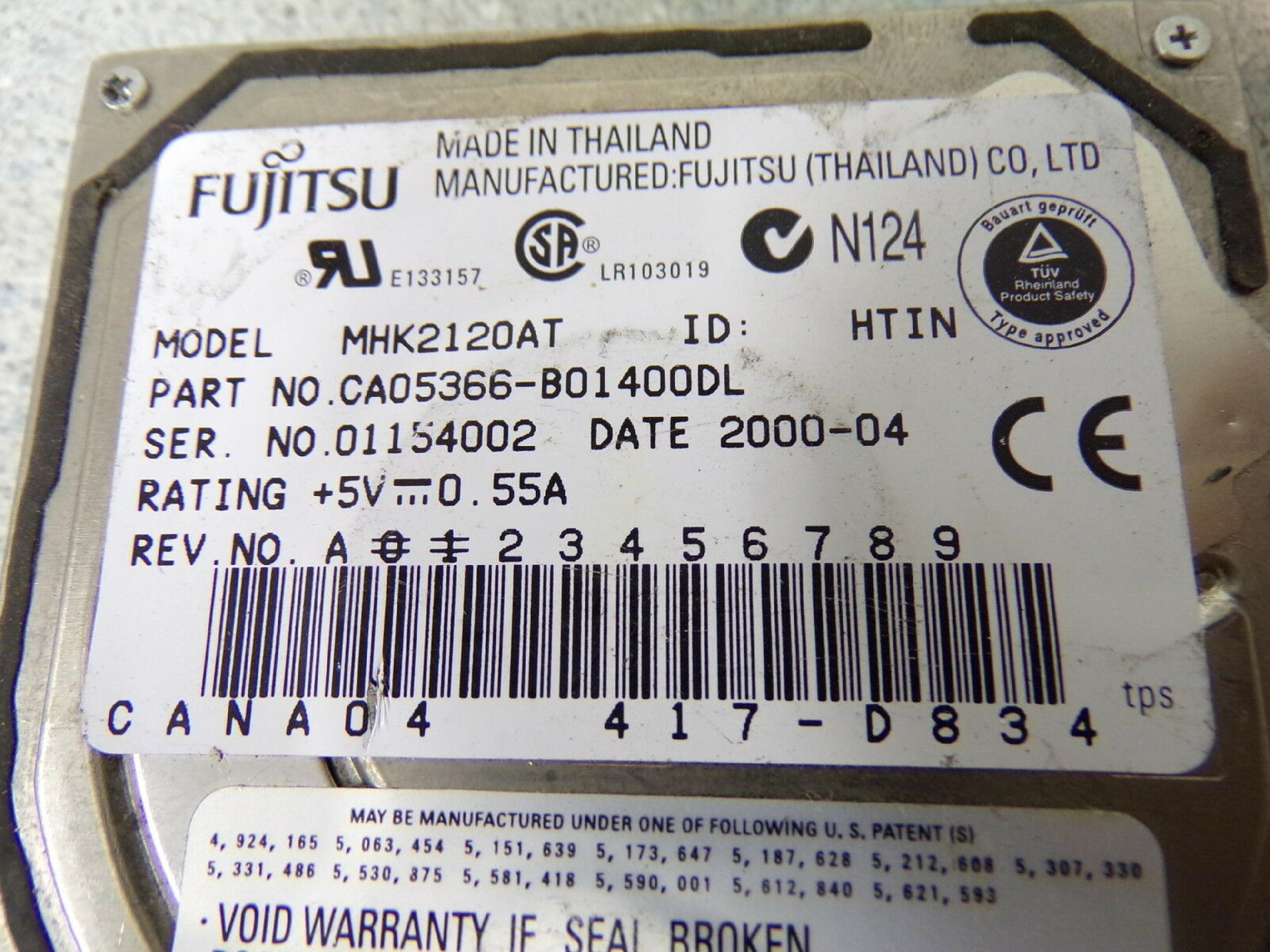 FUJITSU MHK2120AT 12GB 2.5 INCH DRIVE CANA04 417-D834 DATE 2000-04 2.5IN 4200 RPM ATA/IDE DATE: 2000-08 ID: HFIN REV. A01 2000-09 HTIN