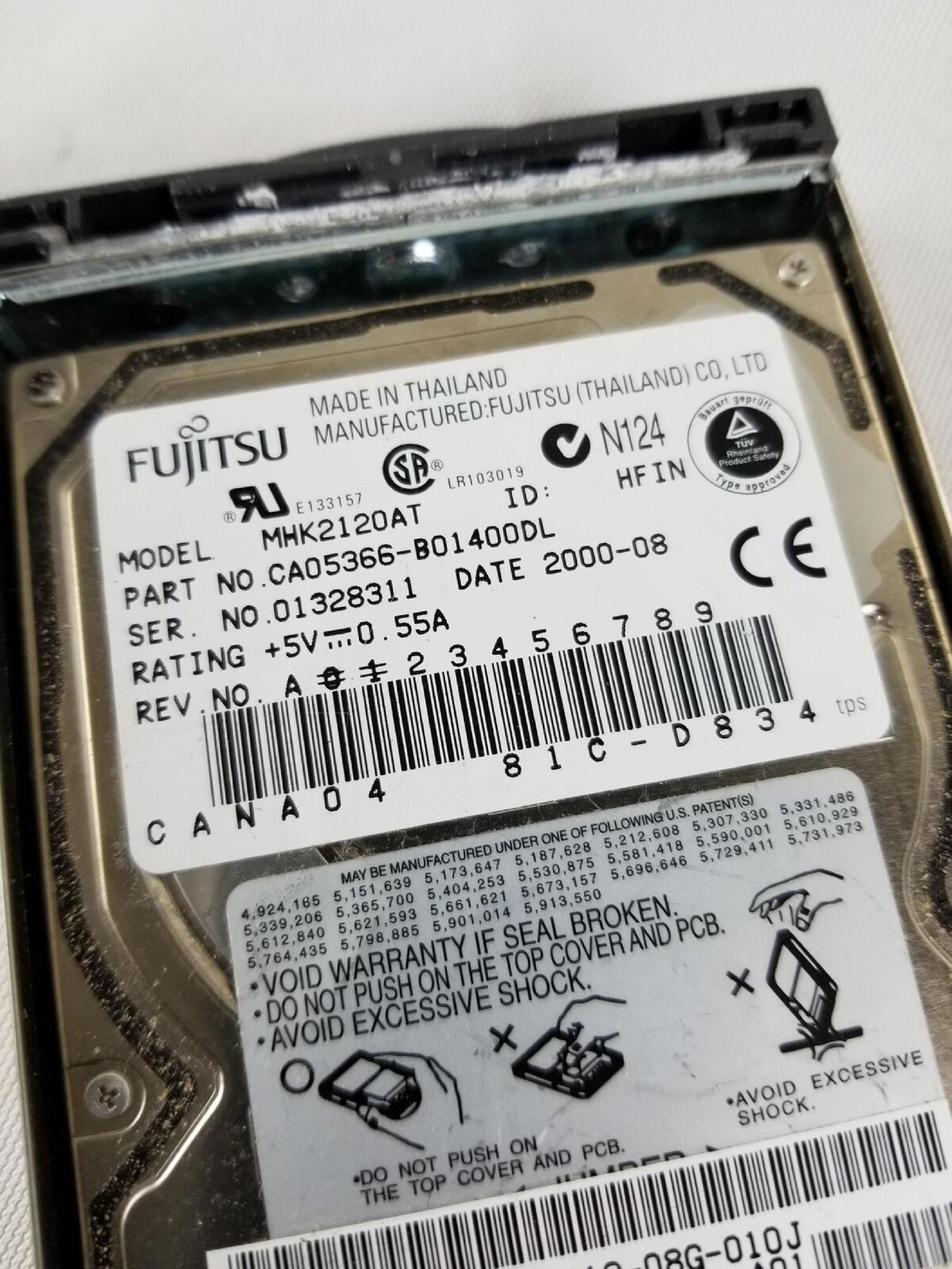 FUJITSU MHK2120AT 12GB 2.5 INCH DRIVE CANA04 417-D834 DATE 2000-04 2.5IN 4200 RPM ATA/IDE DATE: 2000-08 ID: HFIN REV. A01 2000-09 HTIN