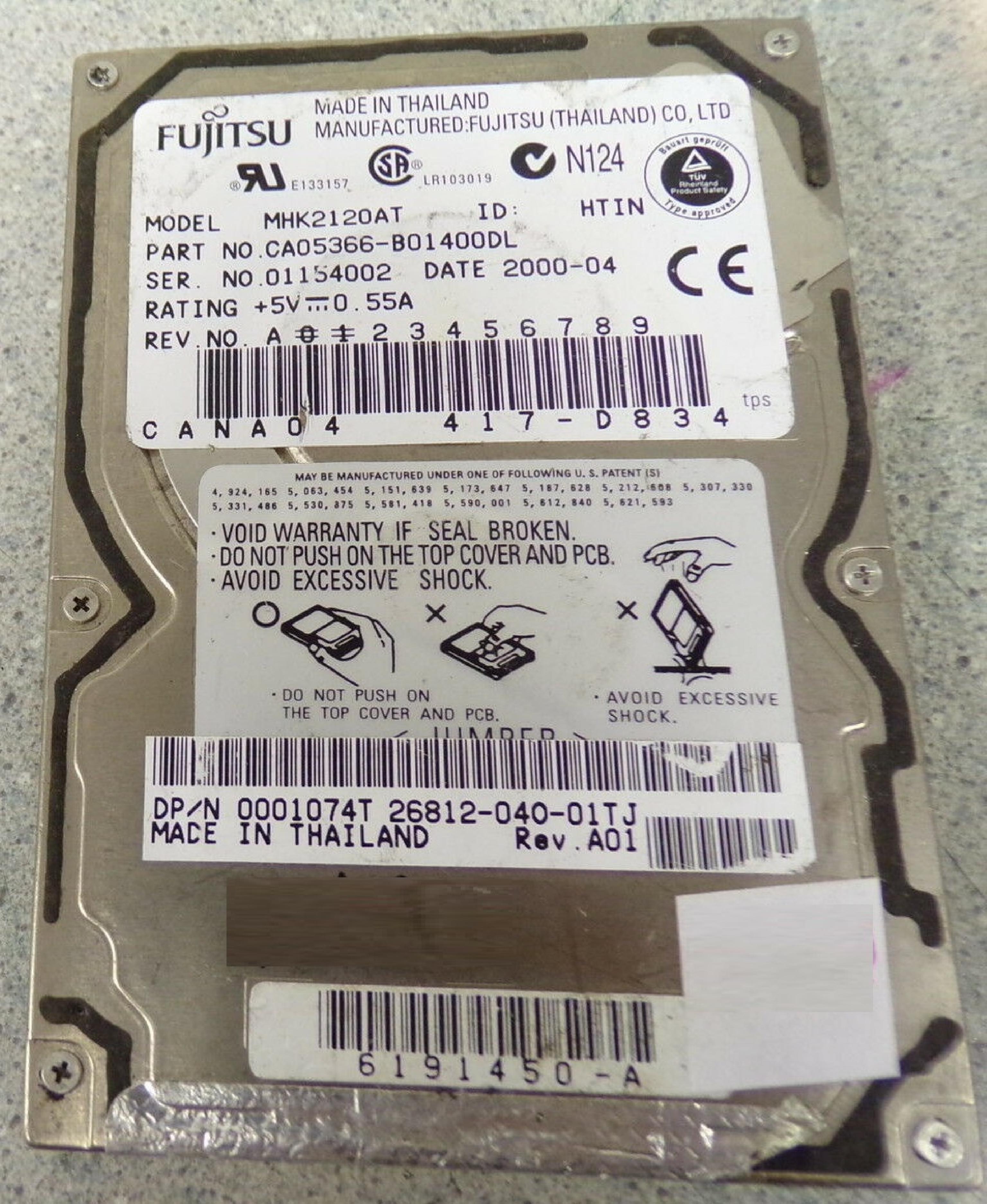 FUJITSU MHK2120AT 12GB 2.5 INCH DRIVE CANA04 417-D834 DATE 2000-04 2.5IN 4200 RPM ATA/IDE DATE: 2000-08 ID: HFIN REV. A01 2000-09 HTIN