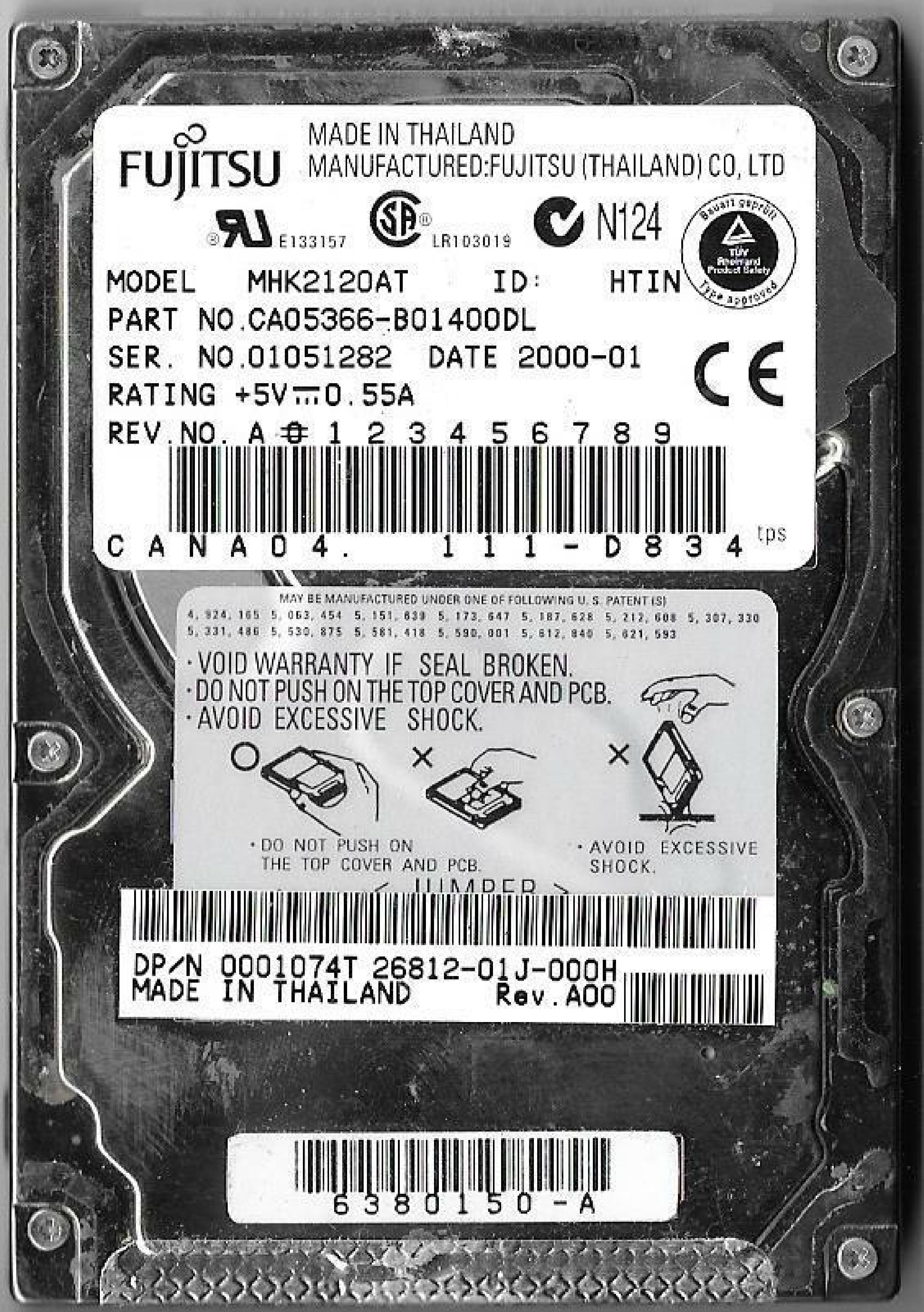 FUJITSU MHK2120AT 12GB 2.5 INCH DRIVE CANA04 417-D834 DATE 2000-04 2.5IN 4200 RPM ATA/IDE DATE: 2000-08 ID: HFIN REV. A01 2000-09 HTIN