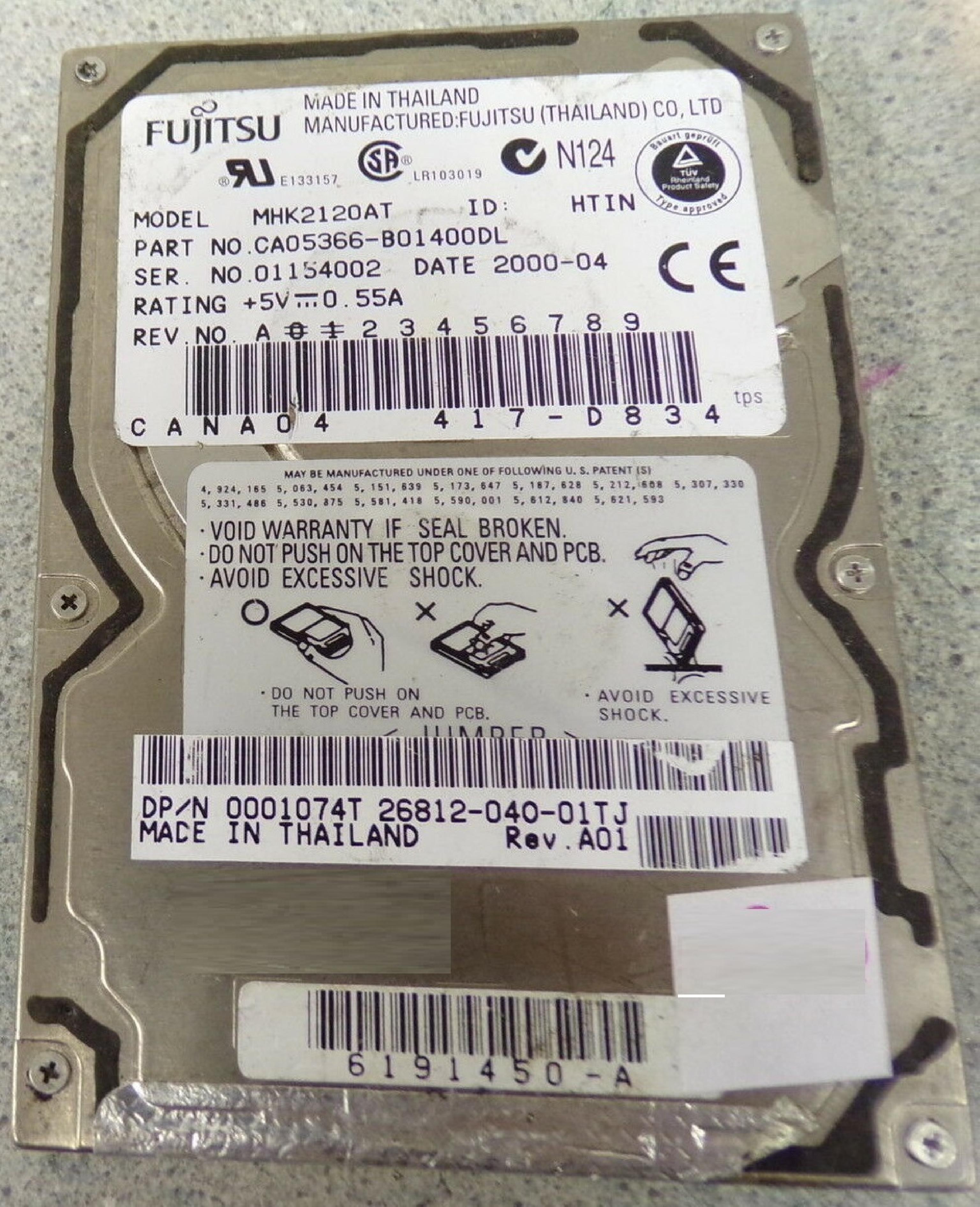 FUJITSU CA05366-B01400DL 12GB 2.5 INCH DRIVE CANA04 417-D834 DATE 2000-04 2.5IN 4200 RPM ATA/IDE DATE: 2000-08 ID: HFIN REV. A01 2000-09 HTIN