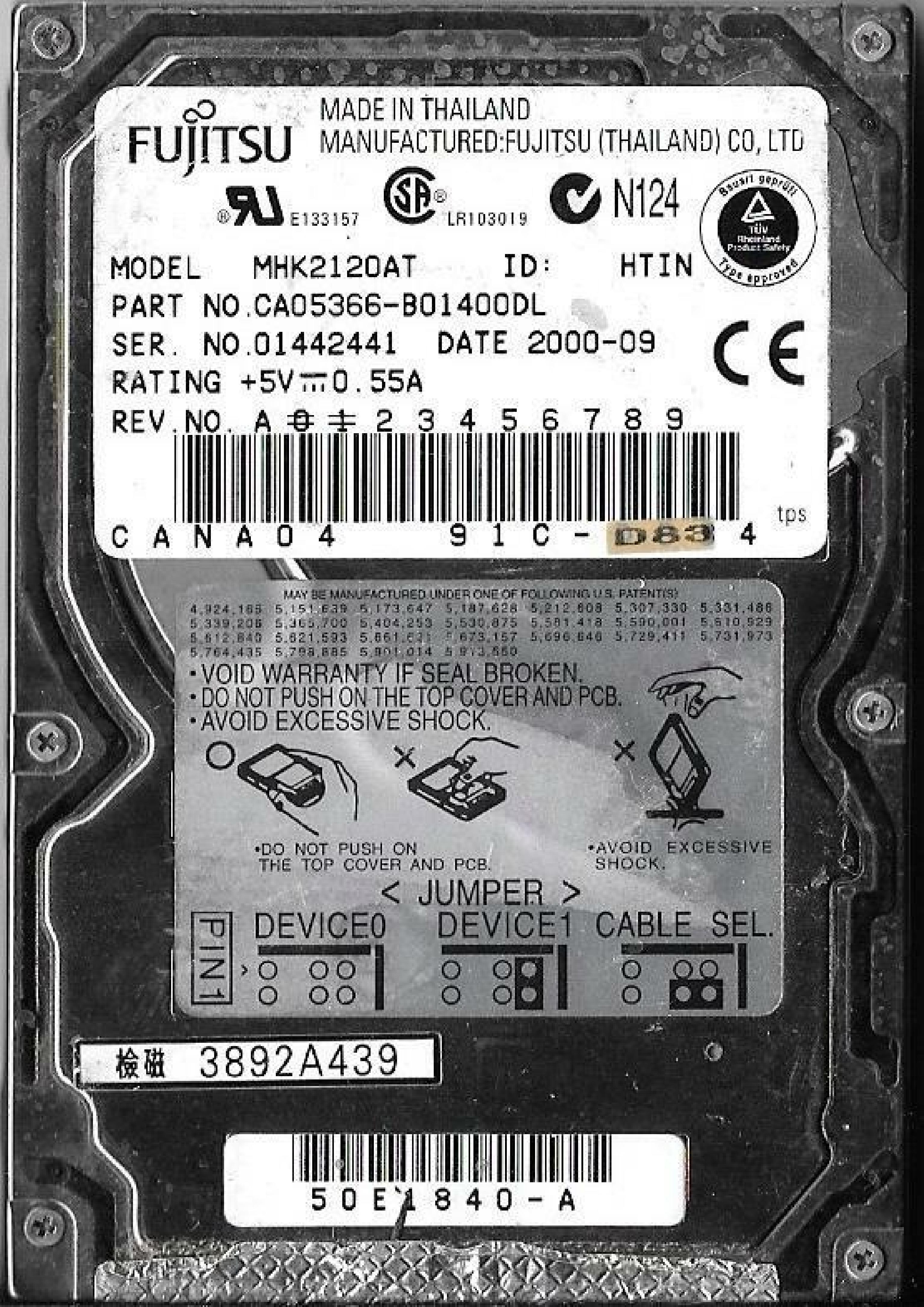 FUJITSU CA05366-B01400DL 12GB 2.5 INCH DRIVE CANA04 417-D834 DATE 2000-04 2.5IN 4200 RPM ATA/IDE DATE: 2000-08 ID: HFIN REV. A01 2000-09 HTIN