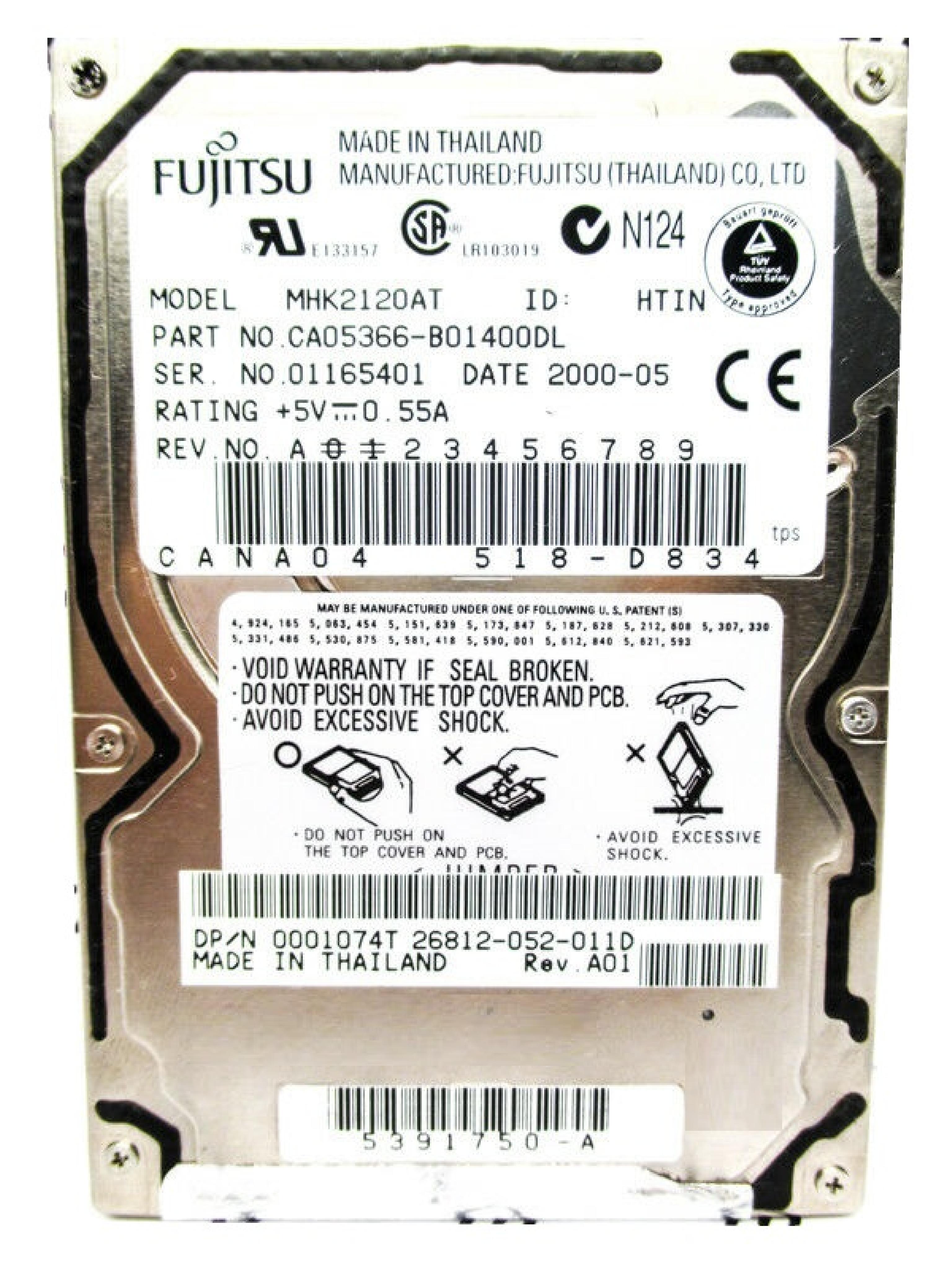 FUJITSU CA05366-B01400DL 12GB 2.5 INCH DRIVE CANA04 417-D834 DATE 2000-04 2.5IN 4200 RPM ATA/IDE DATE: 2000-08 ID: HFIN REV. A01 2000-09 HTIN