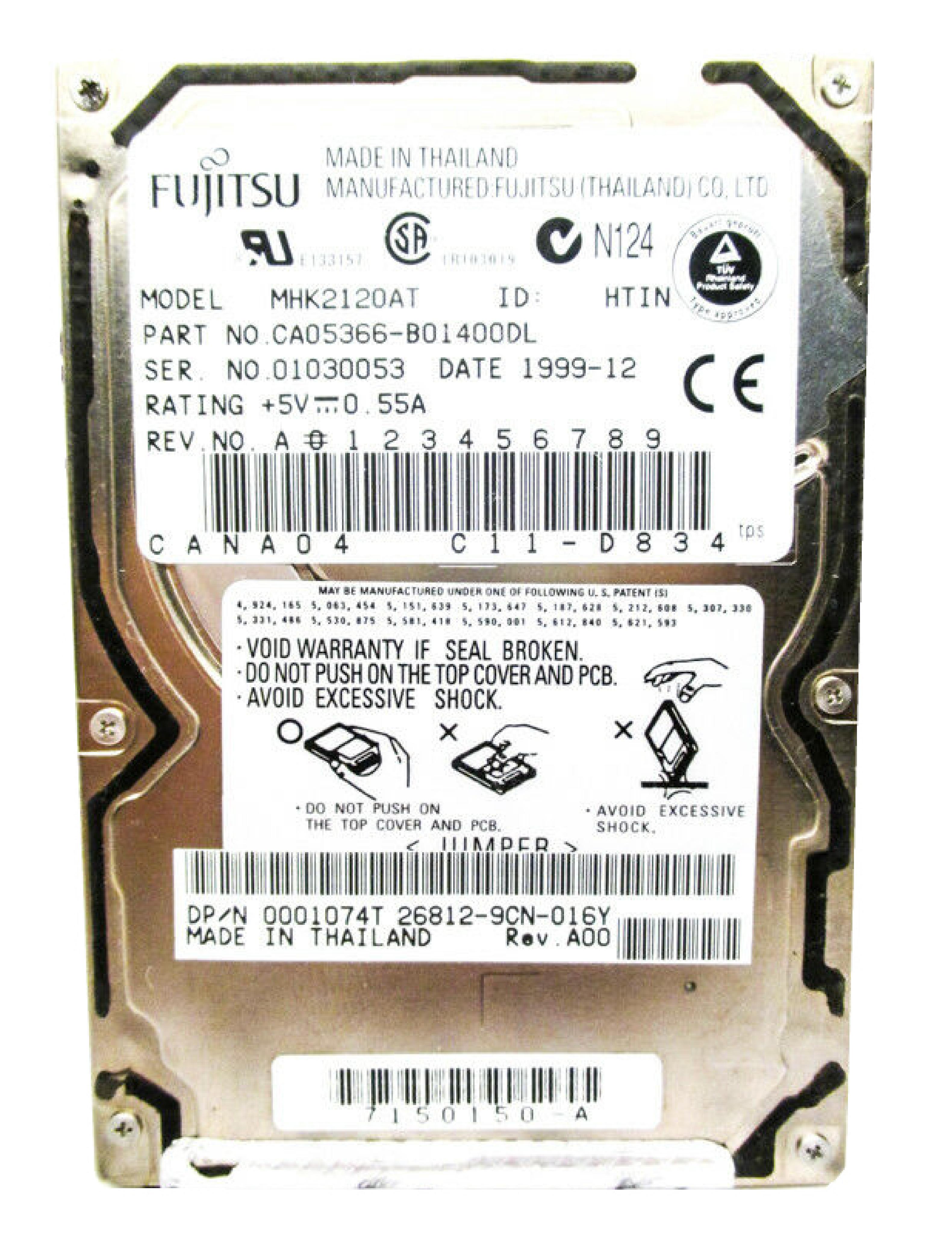 FUJITSU CA05366-B01400DL 12GB 2.5 INCH DRIVE CANA04 417-D834 DATE 2000-04 2.5IN 4200 RPM ATA/IDE DATE: 2000-08 ID: HFIN REV. A01 2000-09 HTIN