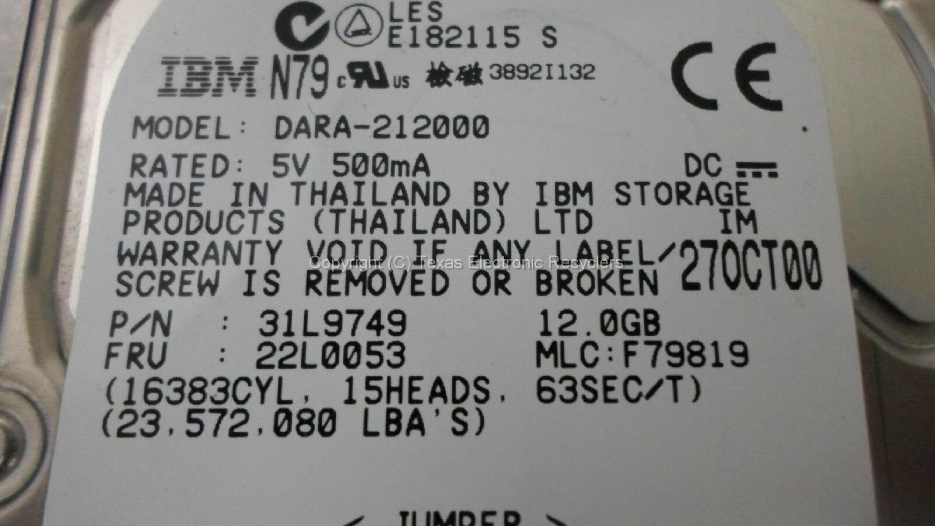 IBM 22L0053 12GB 2.5 INCH DRIVE 13DEC00 MLC F80495