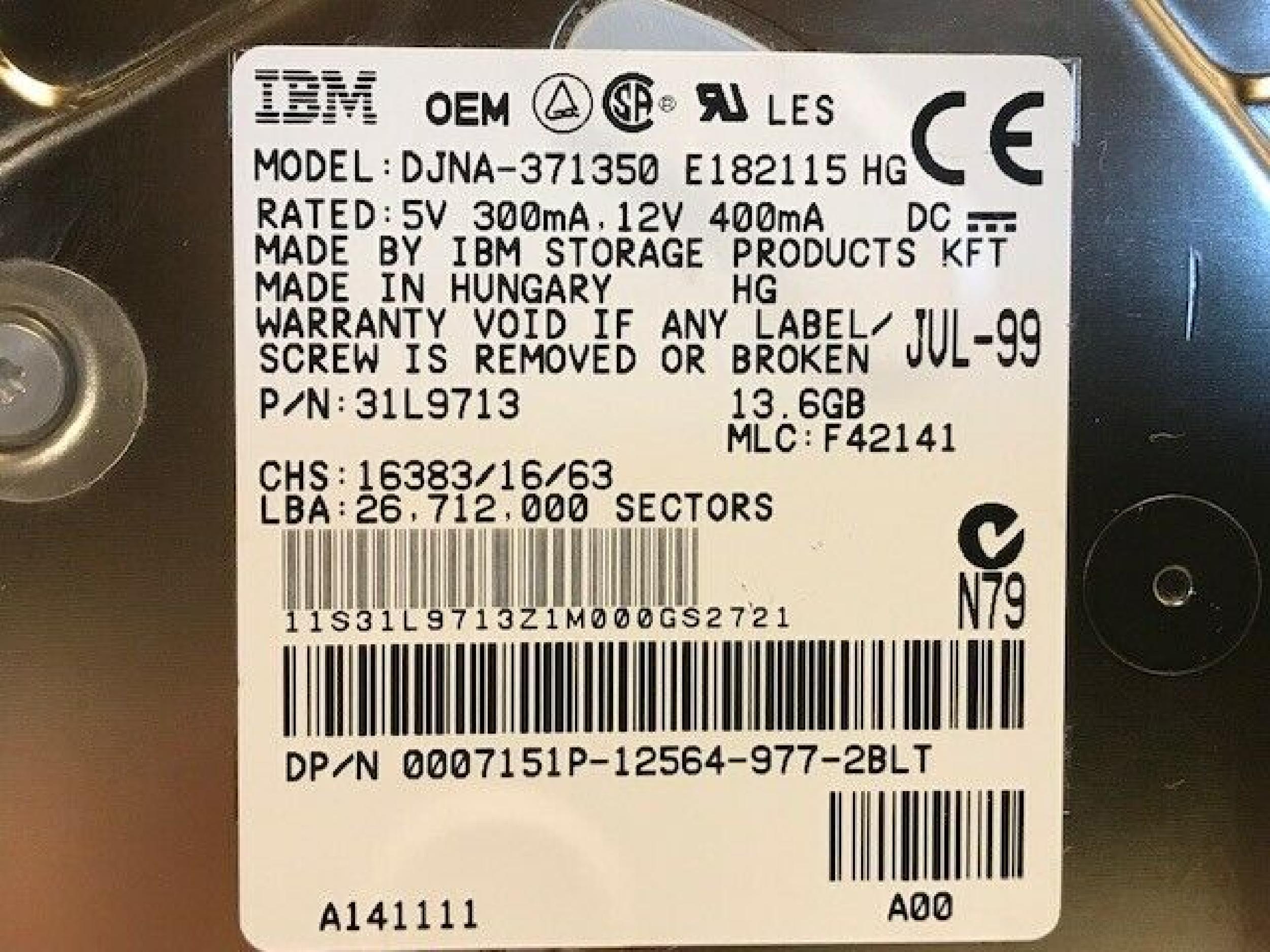 IBM DJNA-371350 13GB IDE DRIVE APR-99 MLC F42141 LBA 26.520.480