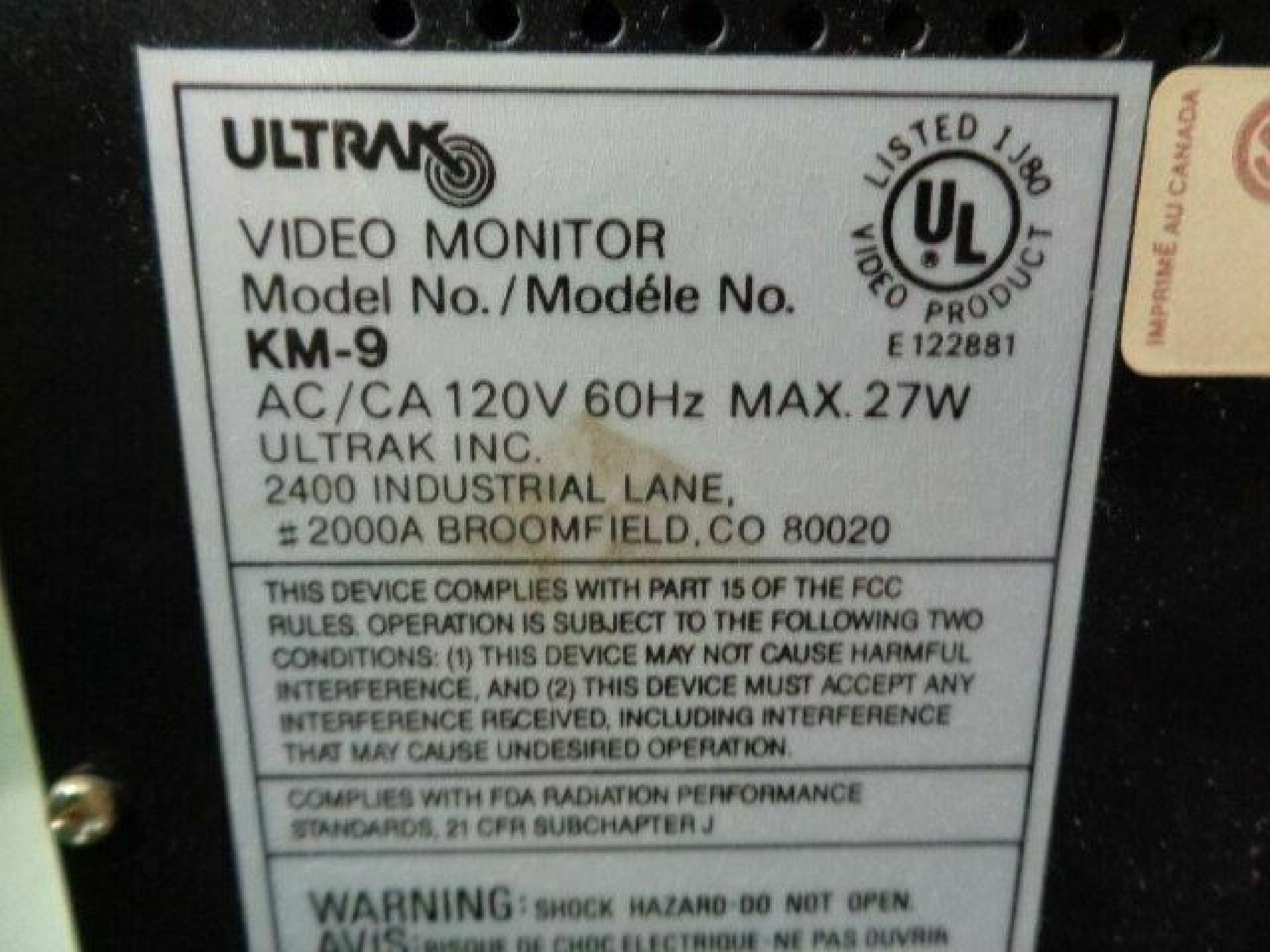 ULTRAK KM-9 VIDEO MONITOR WITH BLACK BEZEL, BNC CONNECTORS