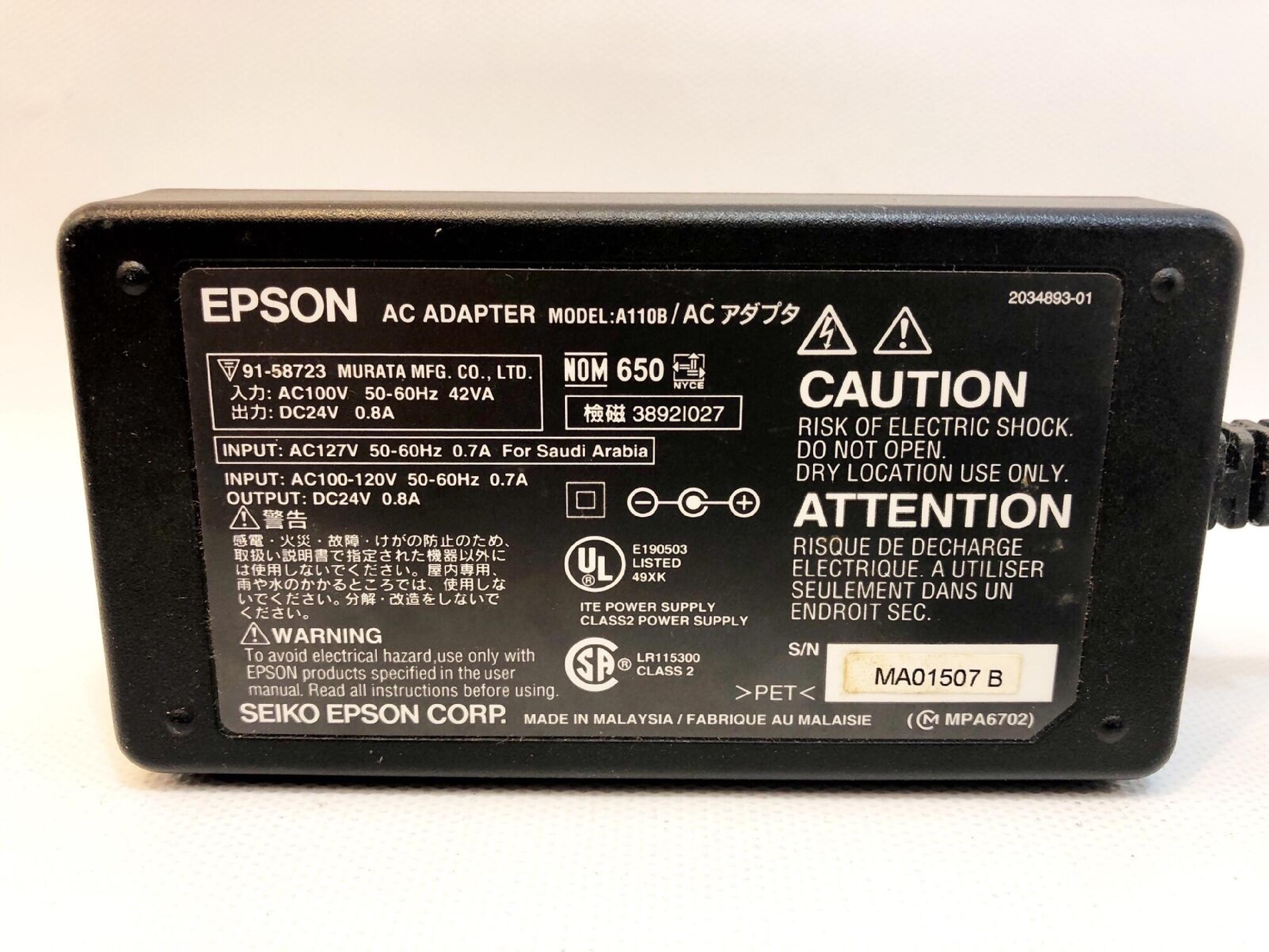 EPSON 2071037-00 AC ADAPTER 24V 0.8A OD:6MM ID:3.2MM WITH 1MM CENTER SPIKE BARREL CONNECTOR DESKTOP