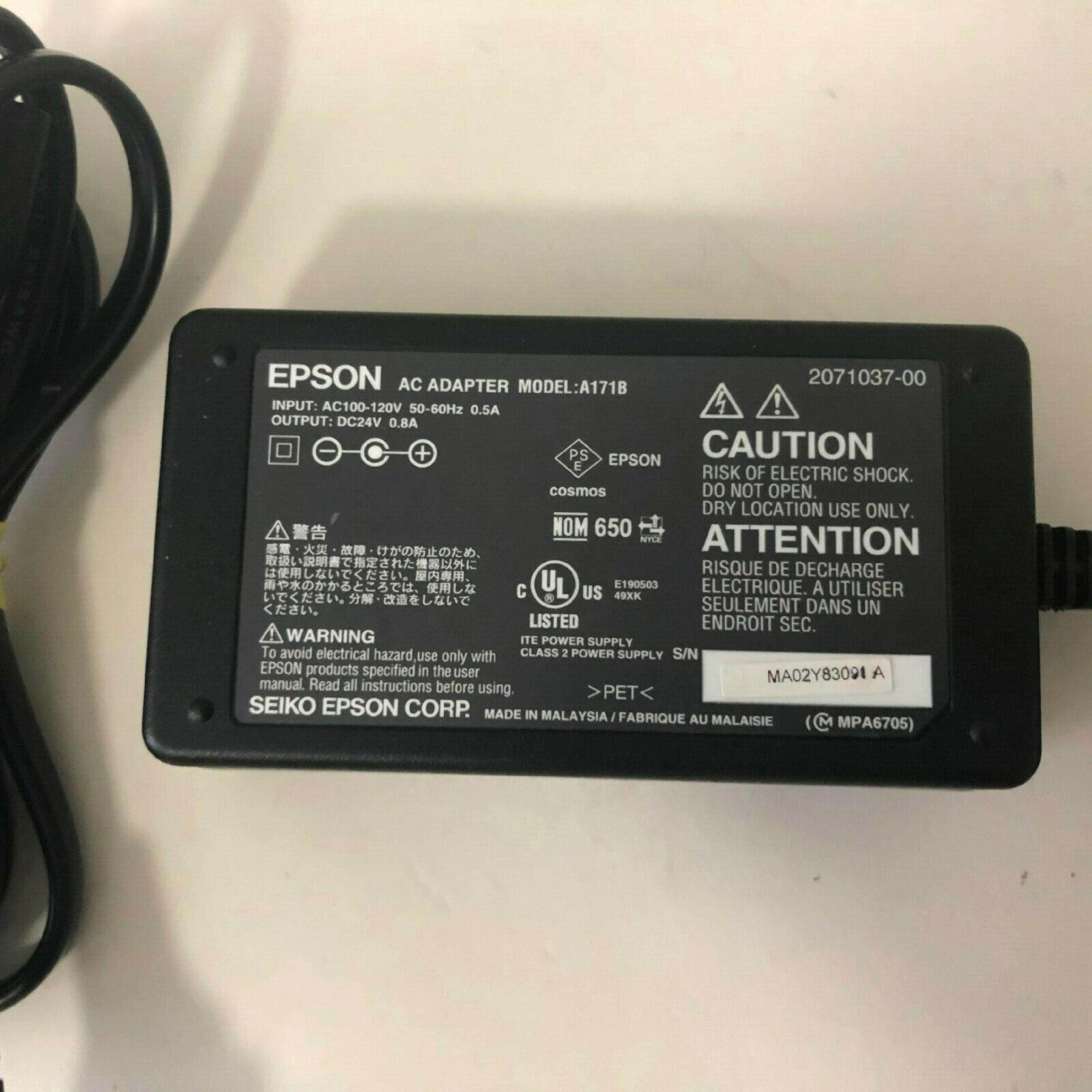 EPSON A171B AC ADAPTER 24V 0.8A OD:6MM ID:3.2MM WITH 1MM CENTER SPIKE BARREL CONNECTOR DESKTOP