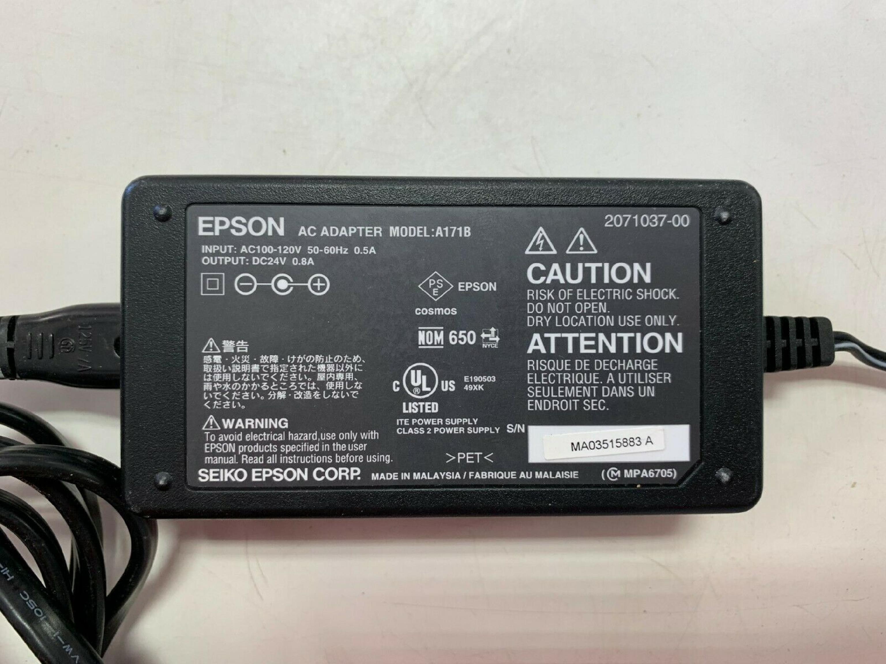 EPSON A171B AC ADAPTER 24V 0.8A OD:6MM ID:3.2MM WITH 1MM CENTER SPIKE BARREL CONNECTOR DESKTOP