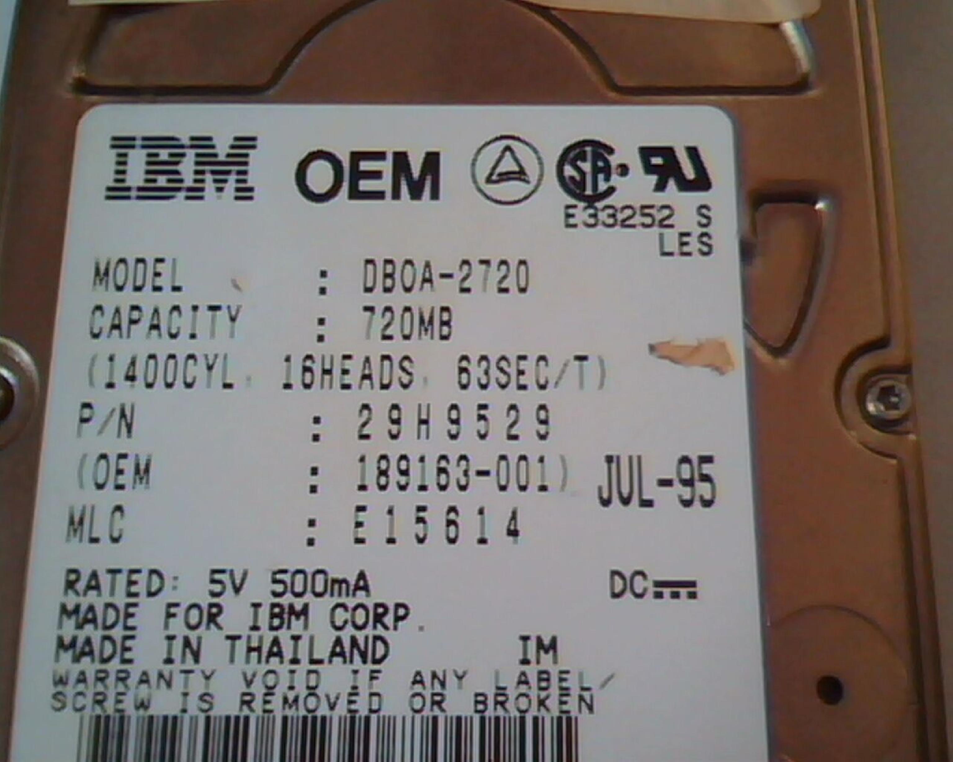 IBM DBOA-2720 720MB 2.5 INCH DRIVE PATA FEB-96 MLC: E15672