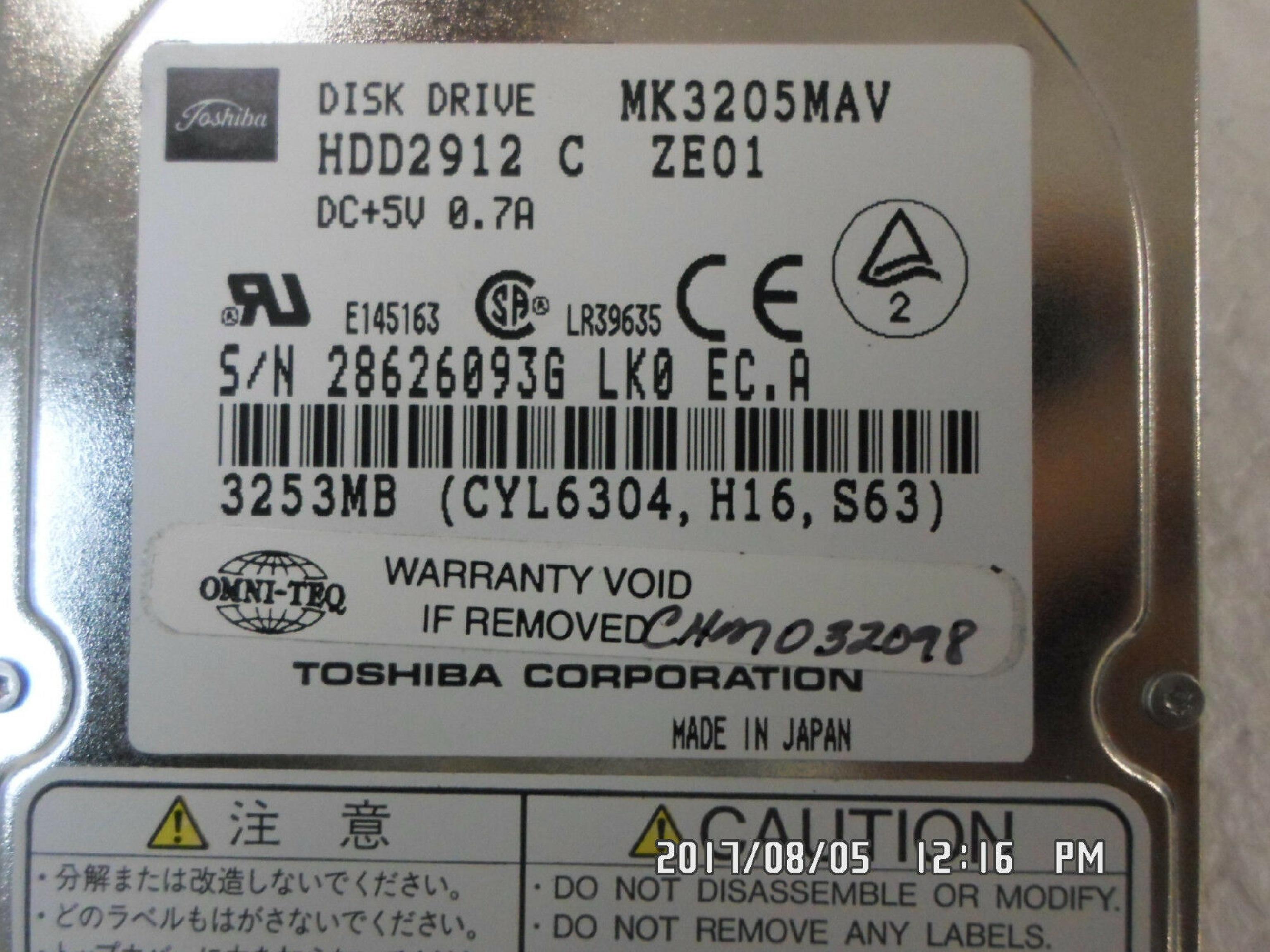 TOSHIBA MK3205MAV 3.2GB UATA DRIVE 2.5 INCH LK0 EC.A