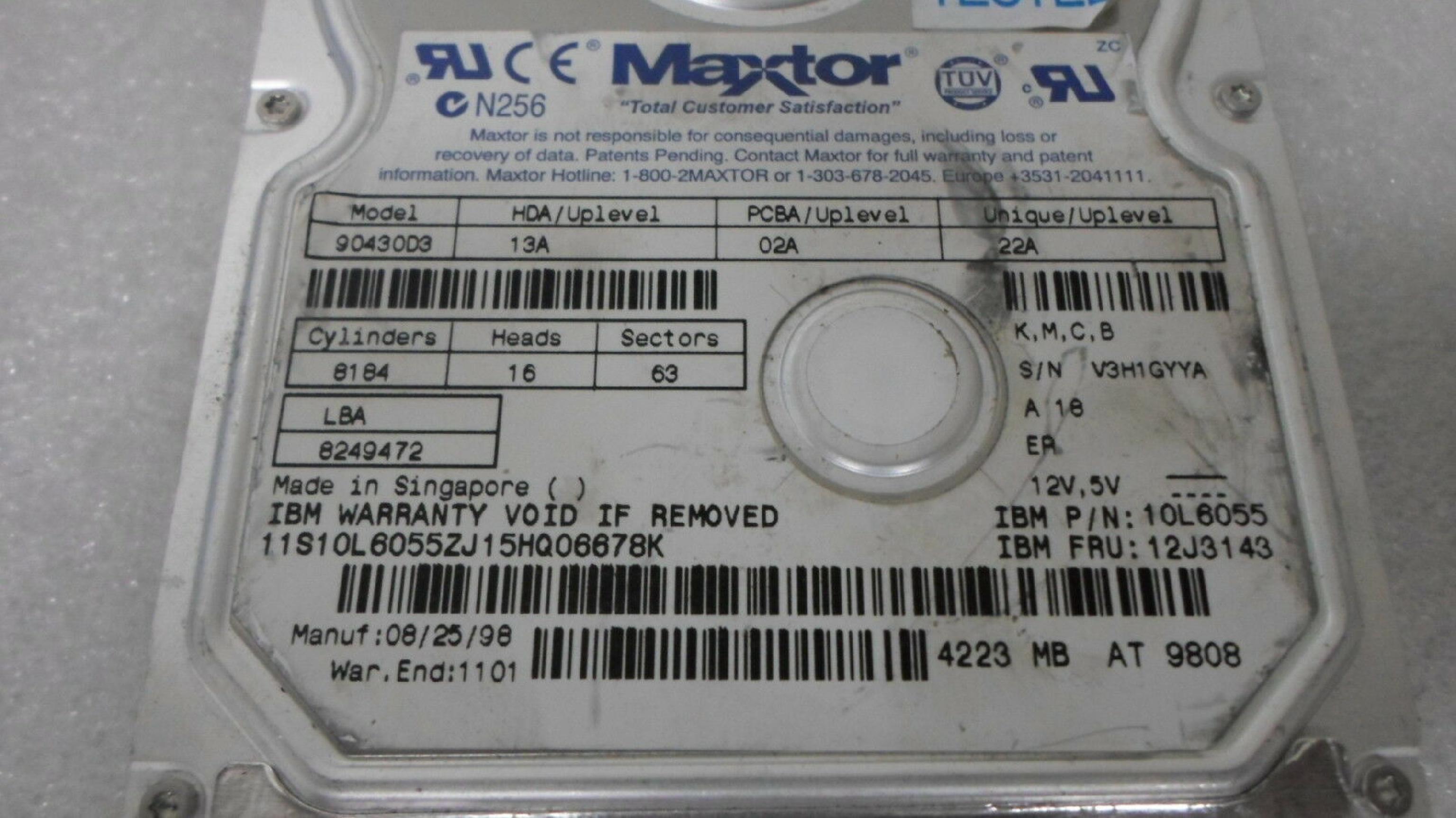 MAXTOR / IBM 12J3143 4.3GB IDE DRIVE HDA 04B PCBA 25A UNIQUE 2BA DATE 03-01-98 25C 2BB 05/16/98 03/03/98 03/01/98 4.2GB JAN/99 REV 01-B A0A04 PGZXX