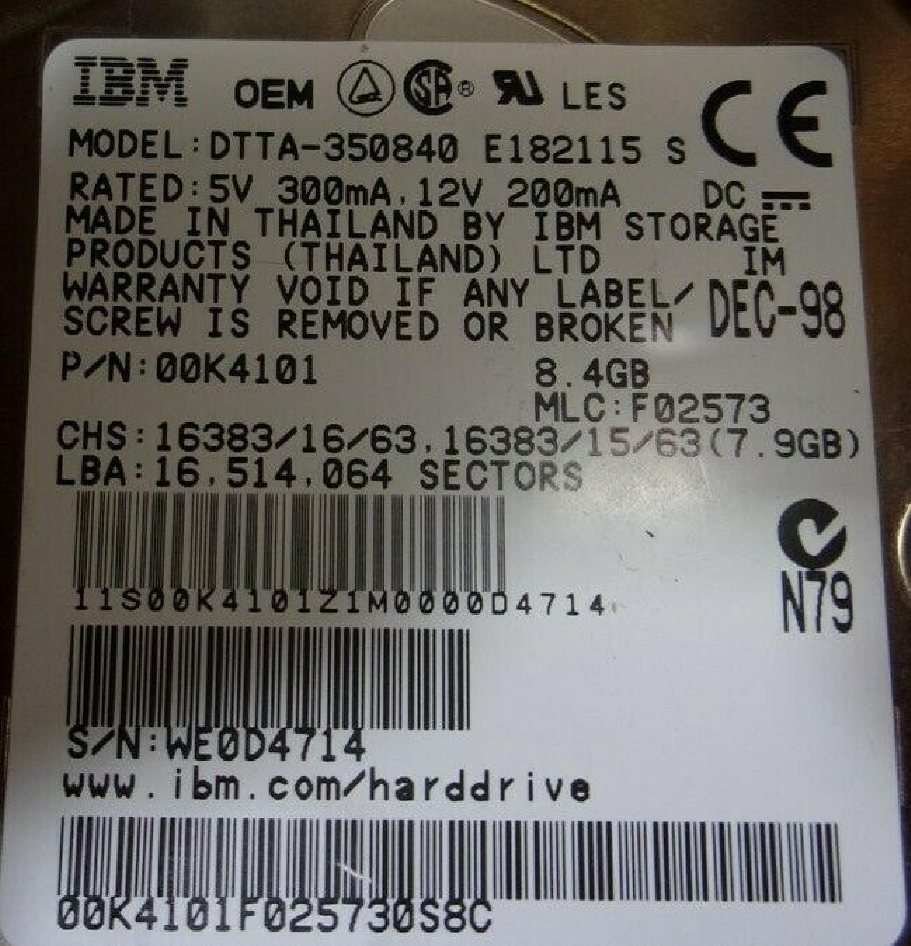 IBM DTTA-350840 8.4GB IDE DRIVE MCL:F02573 OCT-98