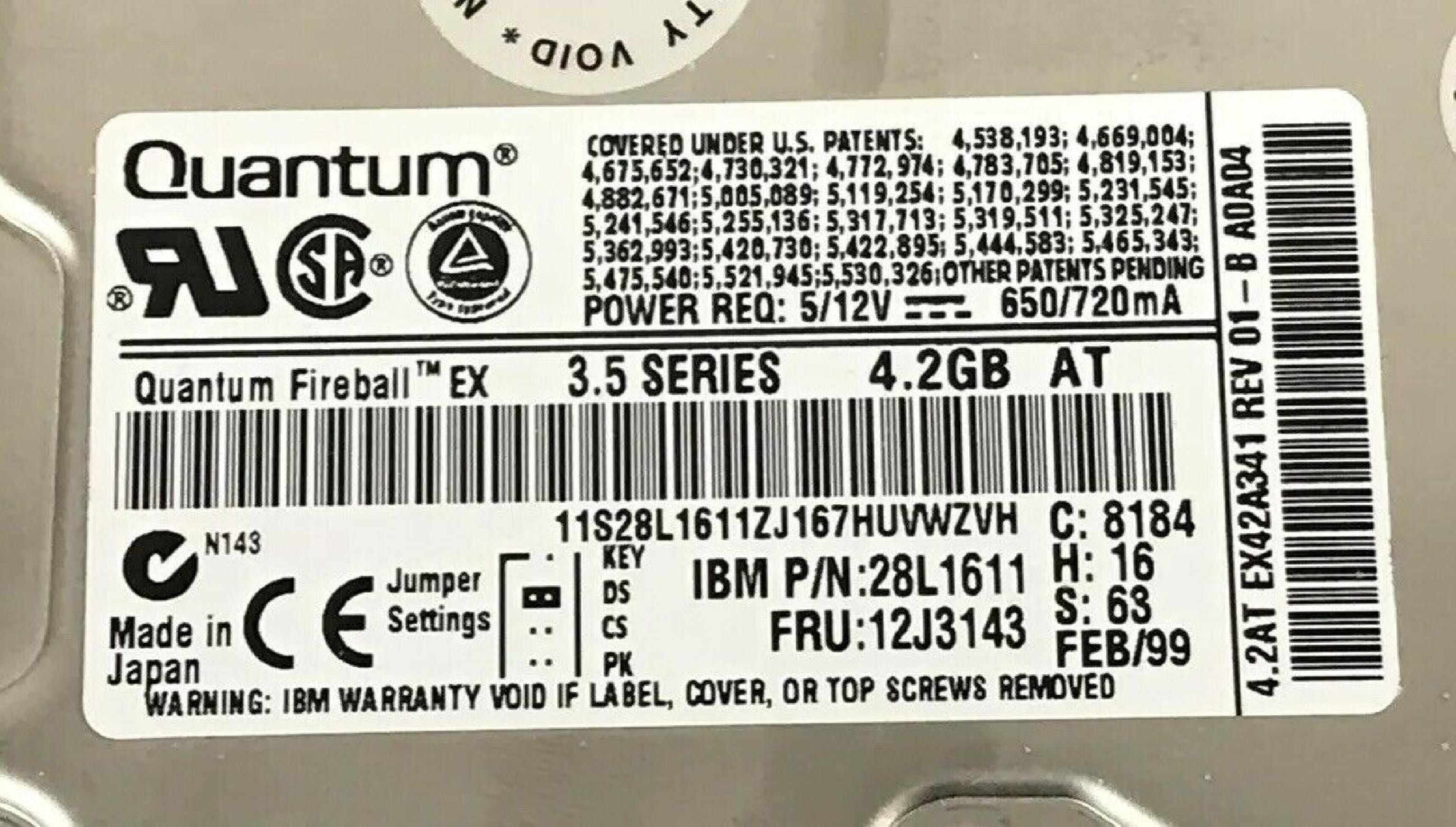 IBM 28L1611 4.2GB IDE DRIVE JAN/99 REV 01-B A0A04 PGZXX