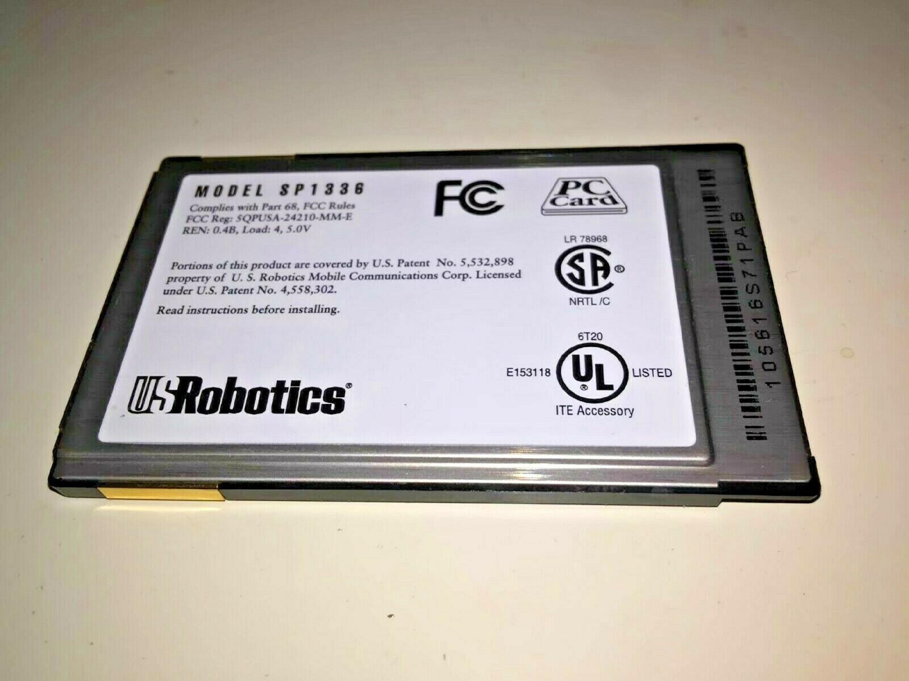 US ROBOTICS / USR SP1336 WITHOUT CABLE, 33.6K PC CARD MODEM 33.6KBPS 14.4KBPS FAX PCMCIA