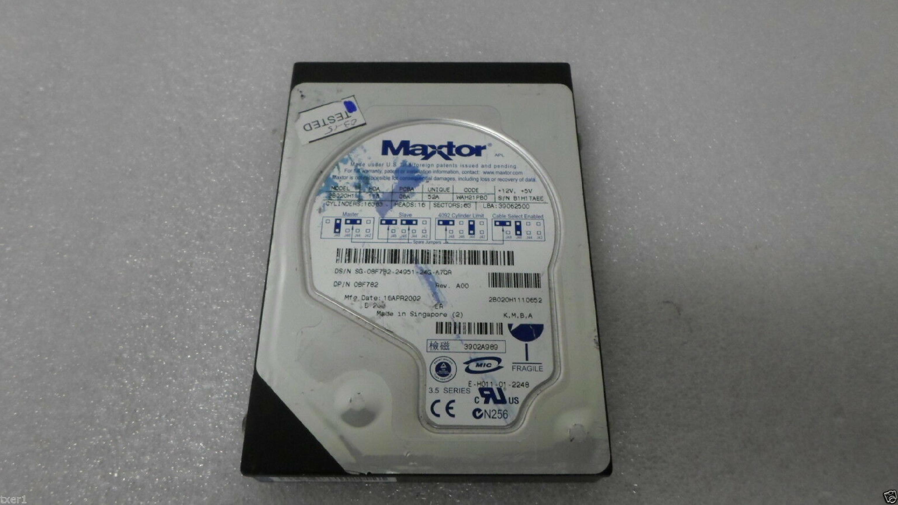 DELL 08F782 20GB IDE DRIVE HDA 11A PCBA 06A UNIQUE 52A CODE WAH21PB0 27NOV2001 K,M,B,E LBA 39062500 04NOV2001 13JAN2002