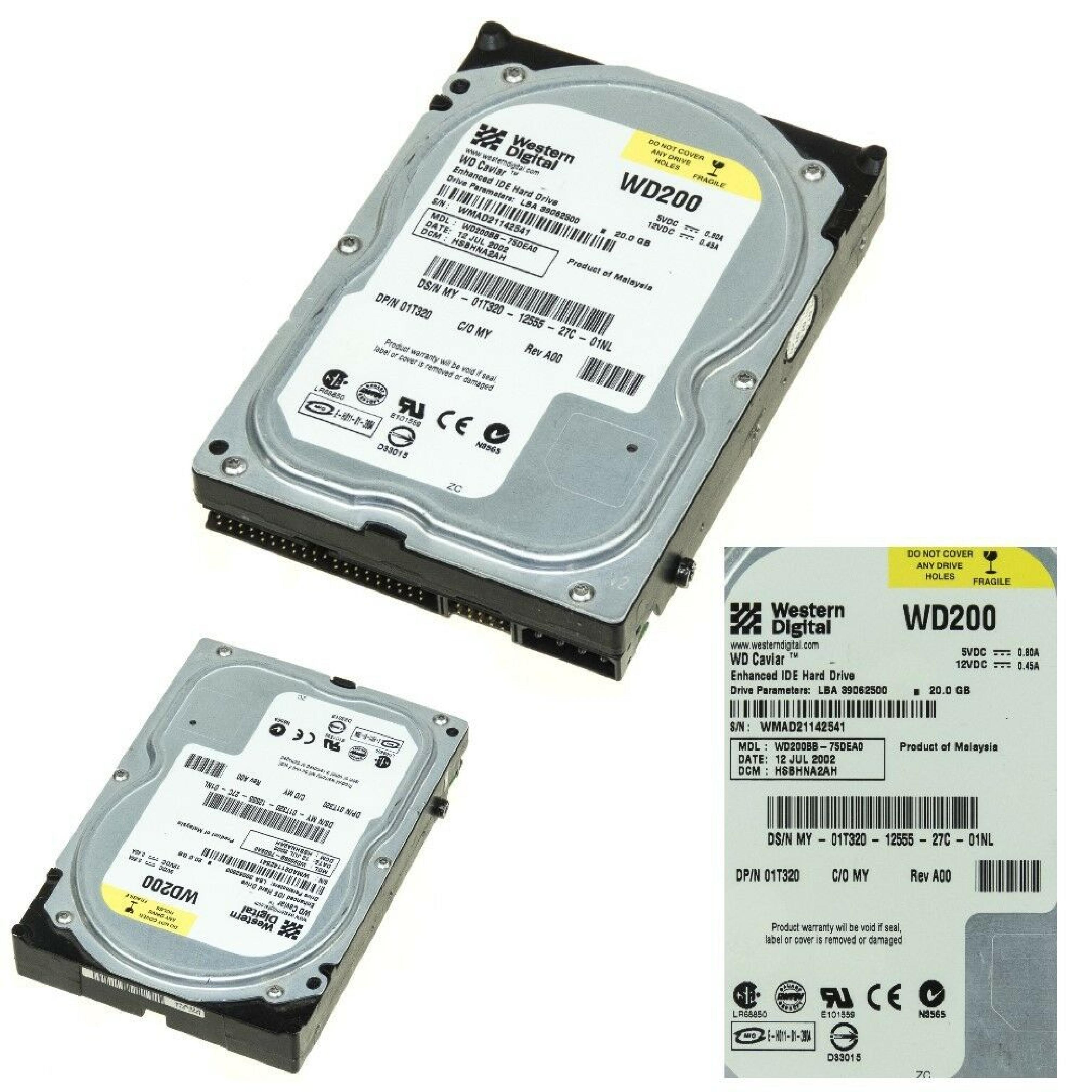 DELL / WESTERN DIGITAL / WD 01T320 20GB IDE DRIVE LBA 39062500 14 AUG 2002 DCM HSCHNA2AH REV A00 HSBANA2CA DATE 03 NOV DSBACV2CA JAN 2003 13 JUL MY JUN