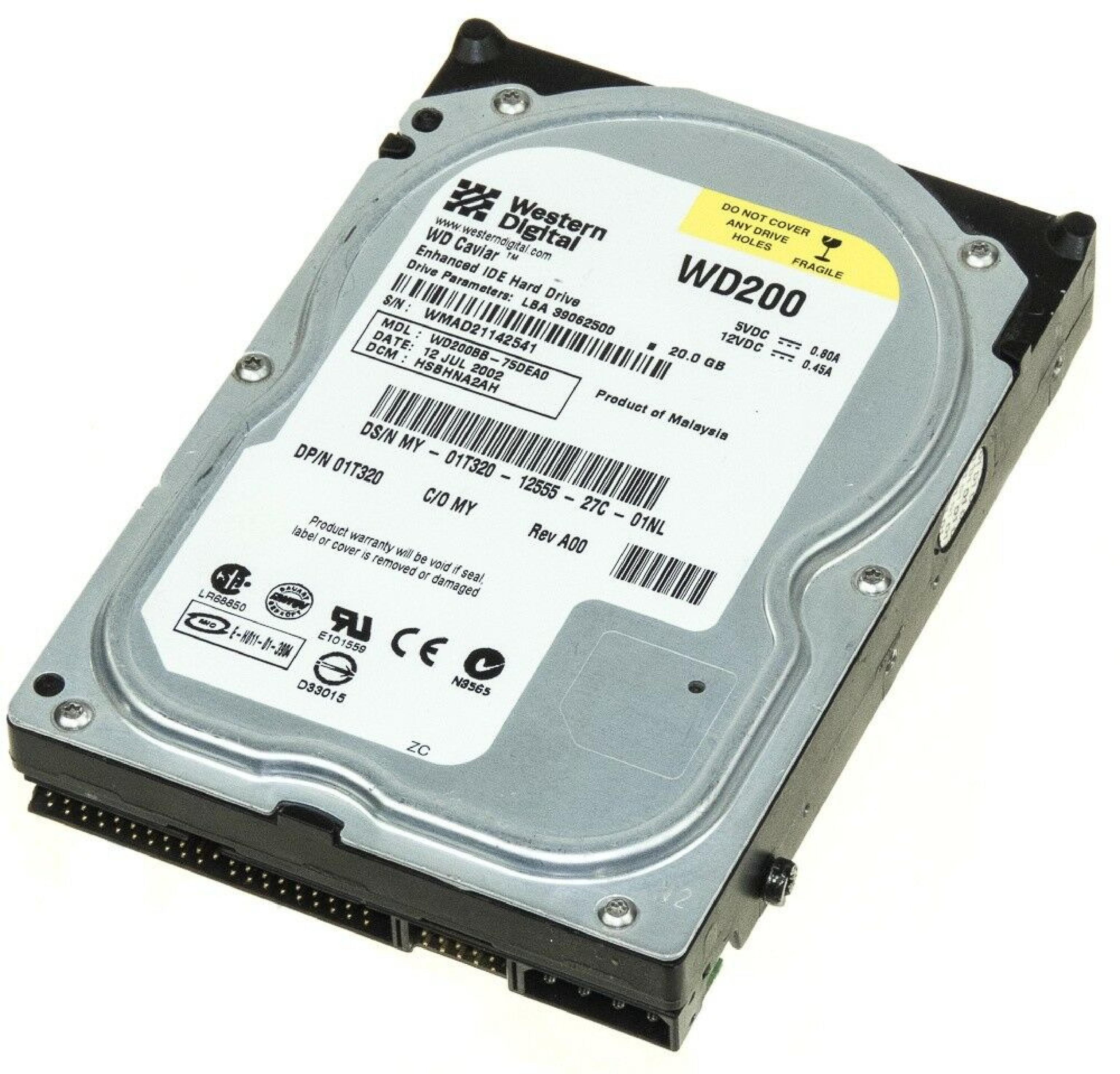 DELL / WESTERN DIGITAL / WD 01T320 20GB IDE DRIVE LBA 39062500 14 AUG 2002 DCM HSCHNA2AH REV A00 HSBANA2CA DATE 03 NOV DSBACV2CA JAN 2003 13 JUL MY JUN