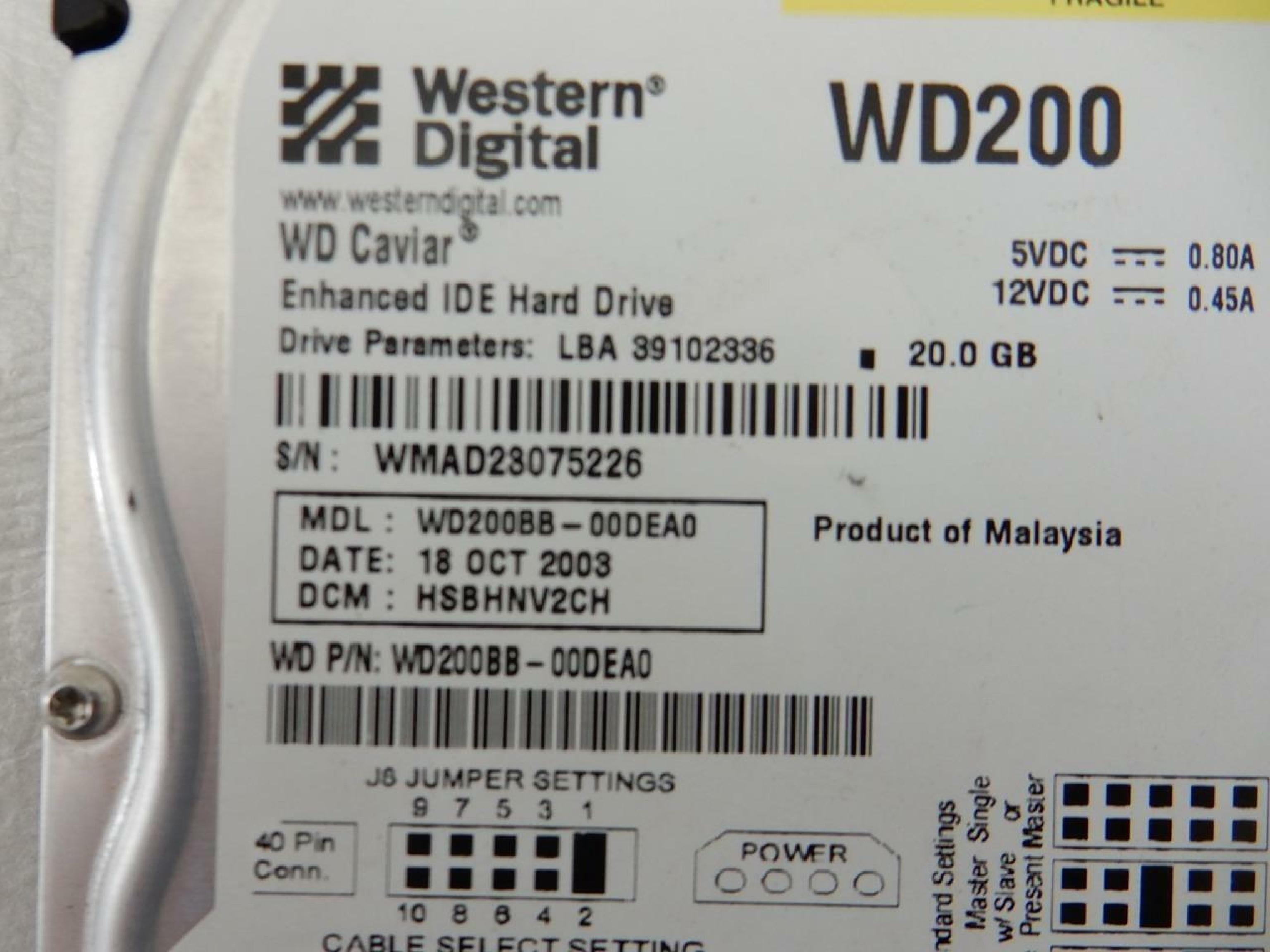 DELL 1T320 20GB IDE DRIVE LBA 39062500 14 AUG 2002 DCM HSCHNA2AH REV A00 HSBANA2CA DATE 03 NOV DSBACV2CA JAN 2003 13 JUL MY JUN