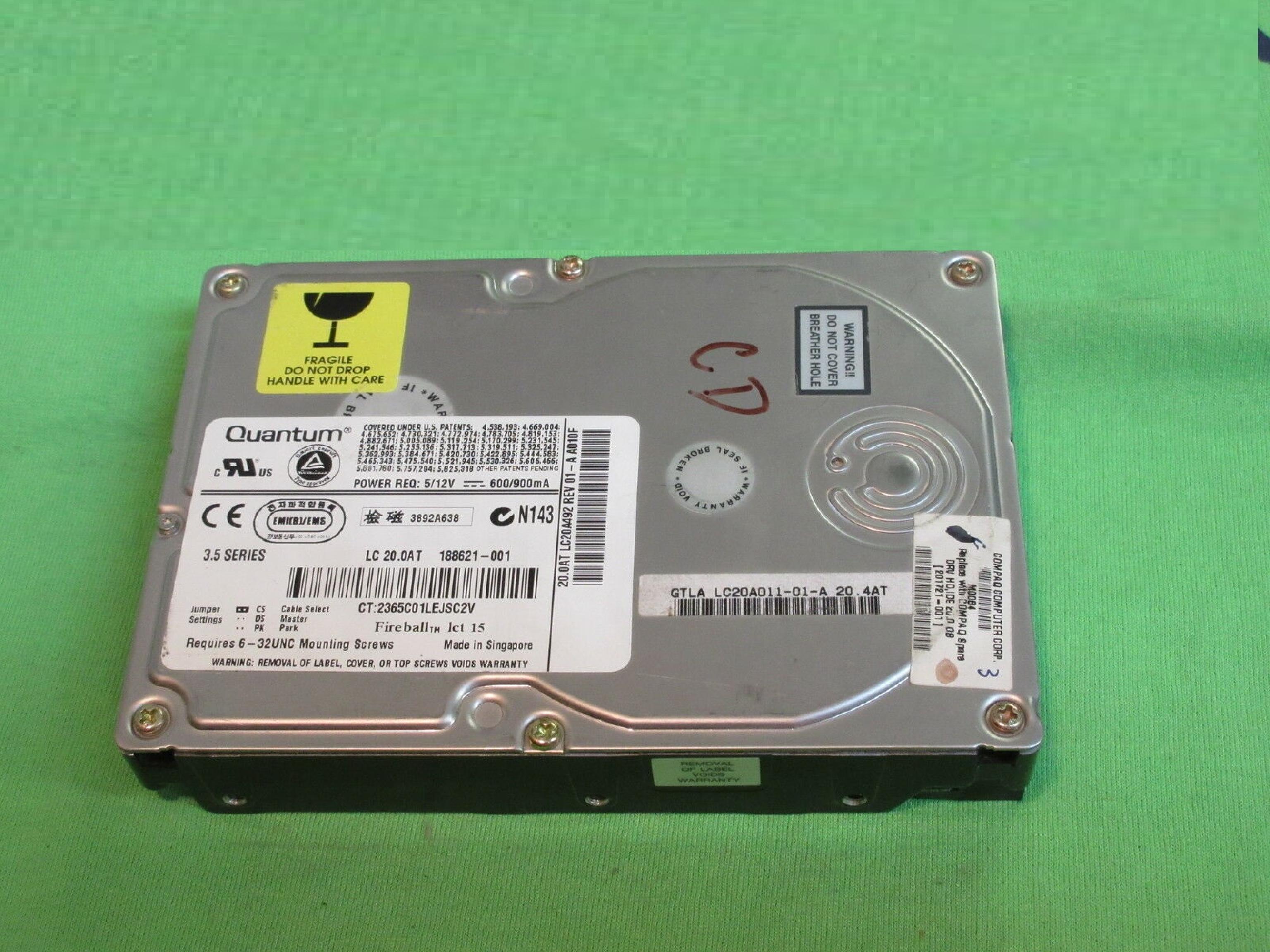 QUANTUM 20.0AT 20GB IDE DRIVE REV 01-A A010F GTLA: LC20A011-01-A 20.4AT