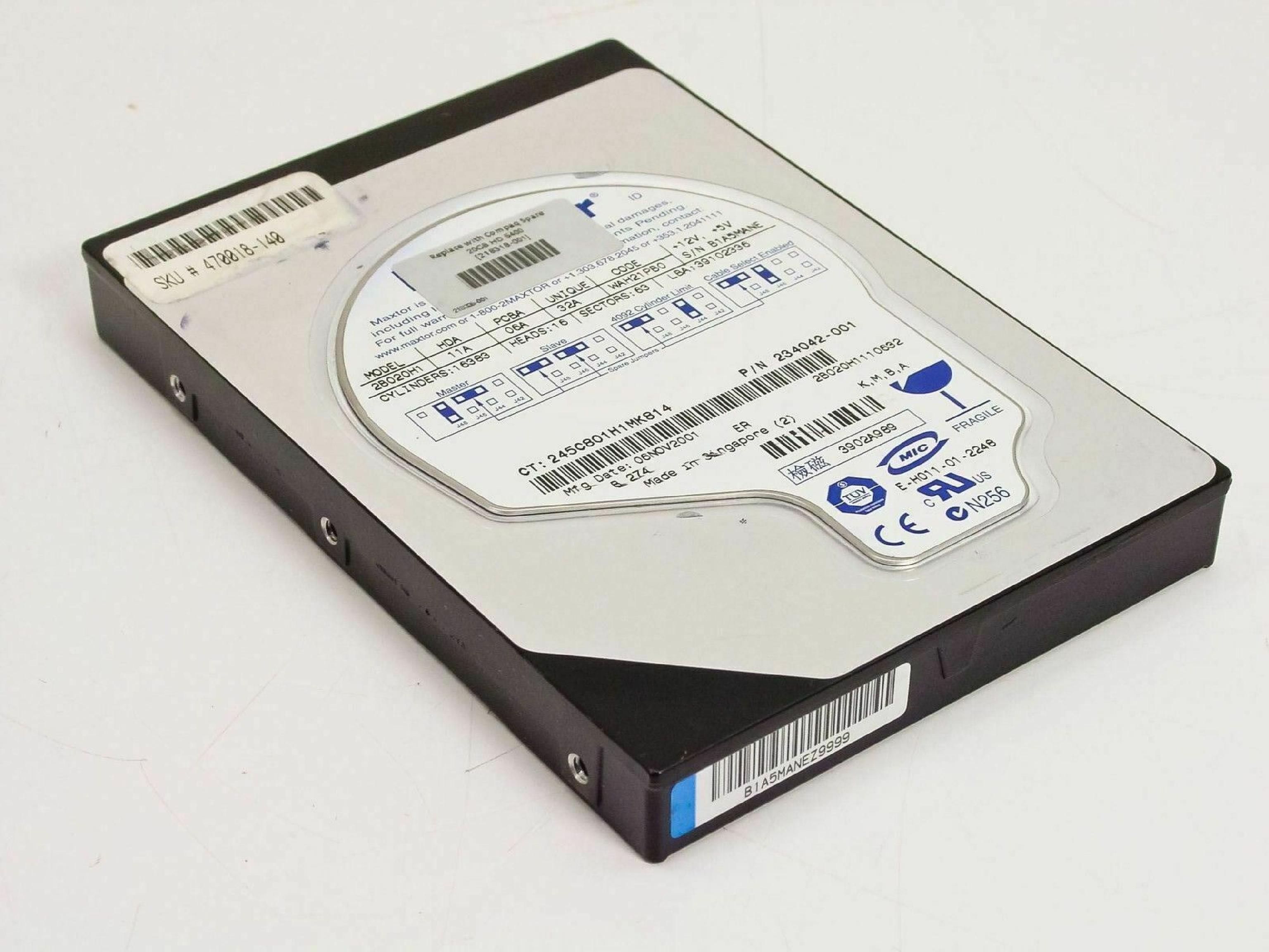 COMPAQ / HEWLETT PACKARD / HP 218318-001 20GB IDE DRIVE LBA 39102336 DCM DSBBHV2A REV: A00