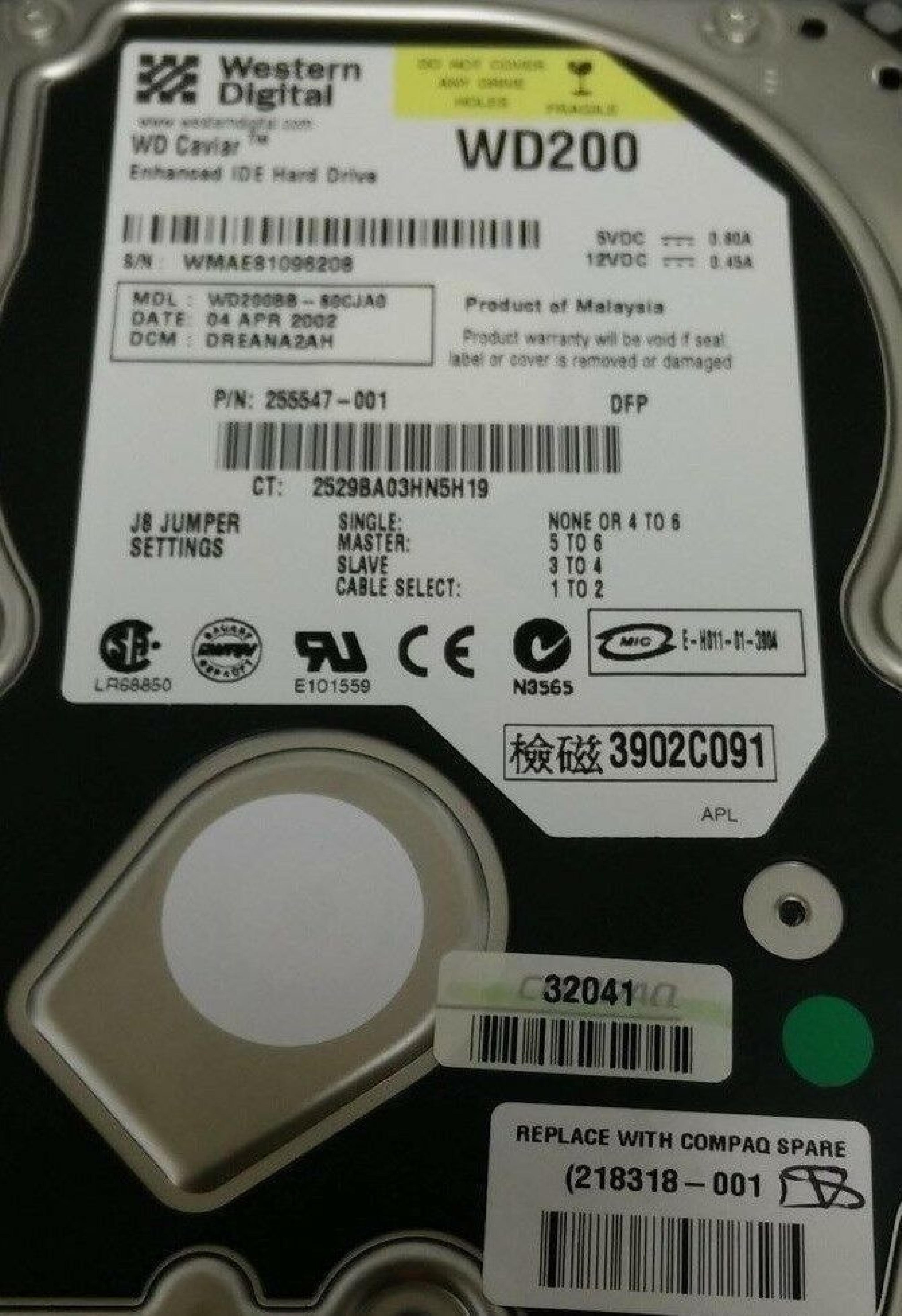 COMPAQ / HEWLETT PACKARD / HP 218318-001 20GB IDE DRIVE LBA 39102336 DCM DSBBHV2A REV: A00