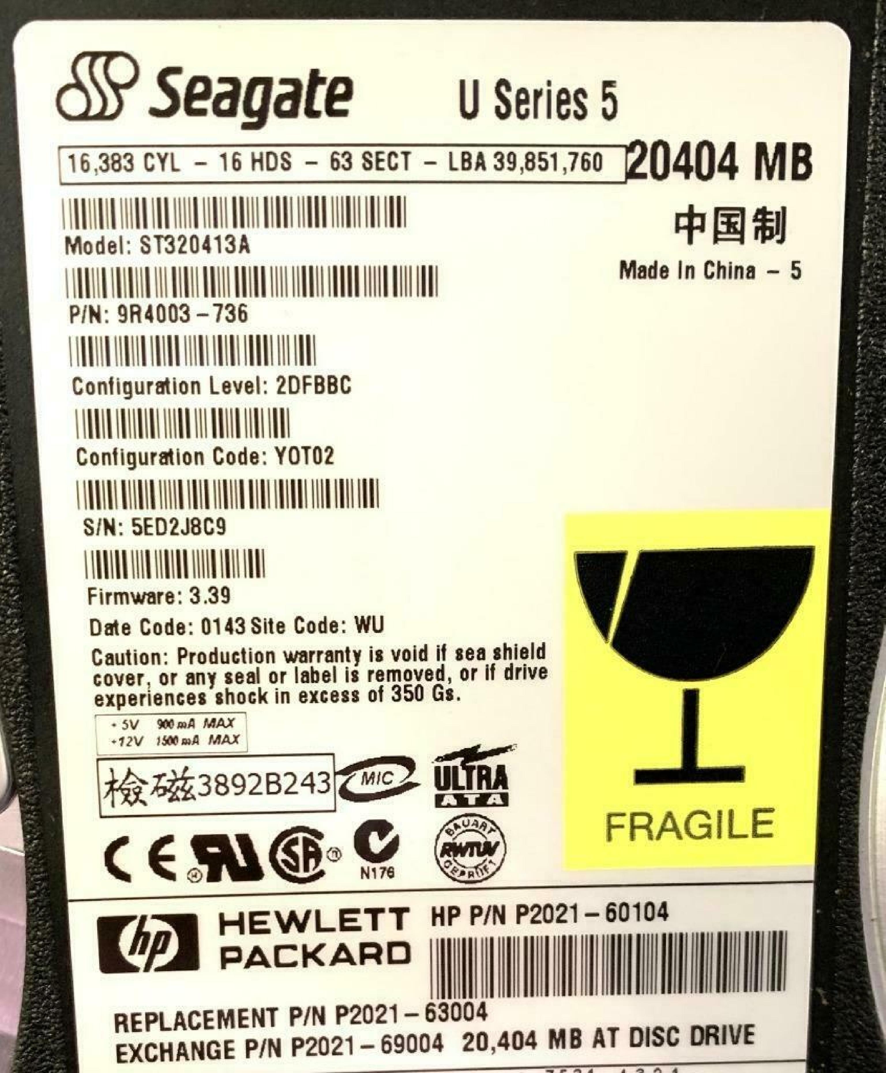 SEAGATE 9R4003-736 20GB IDE DRIVE CONFIG 3DFABA YOT02 FIRMWARE 3.39 DATE CODE 0202 SITE CODE SZ