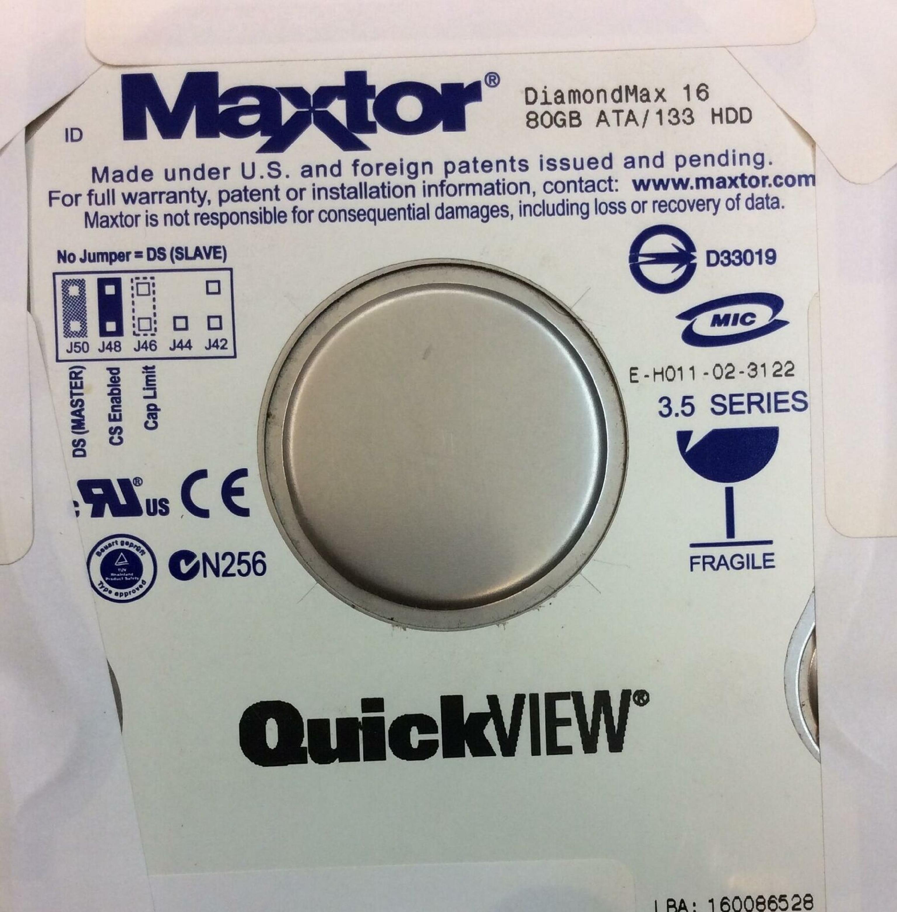 MAXTOR D33019 30GB IDE FIREBALL 3 ATA/133 10OCT2002 LBA 60058656 CODE VAM51JJ0 REV.A00 21OCT2002 21DEC2002