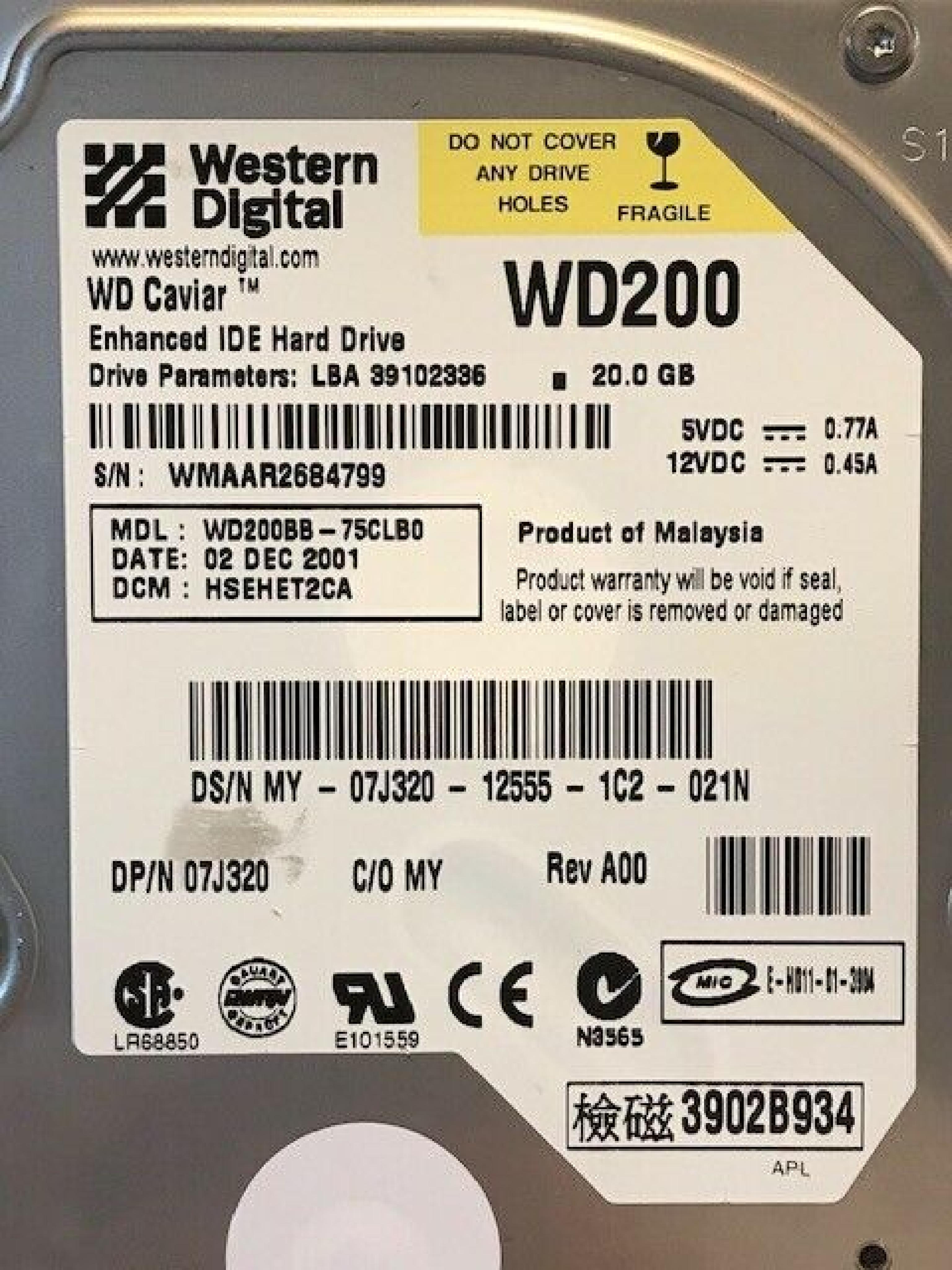 WESTERN DIGITAL / WD WD200BB-75CLB0 20GB IDE DRIVE LBA 39102336 13 OCT 2001 DCM HSBHET2CH