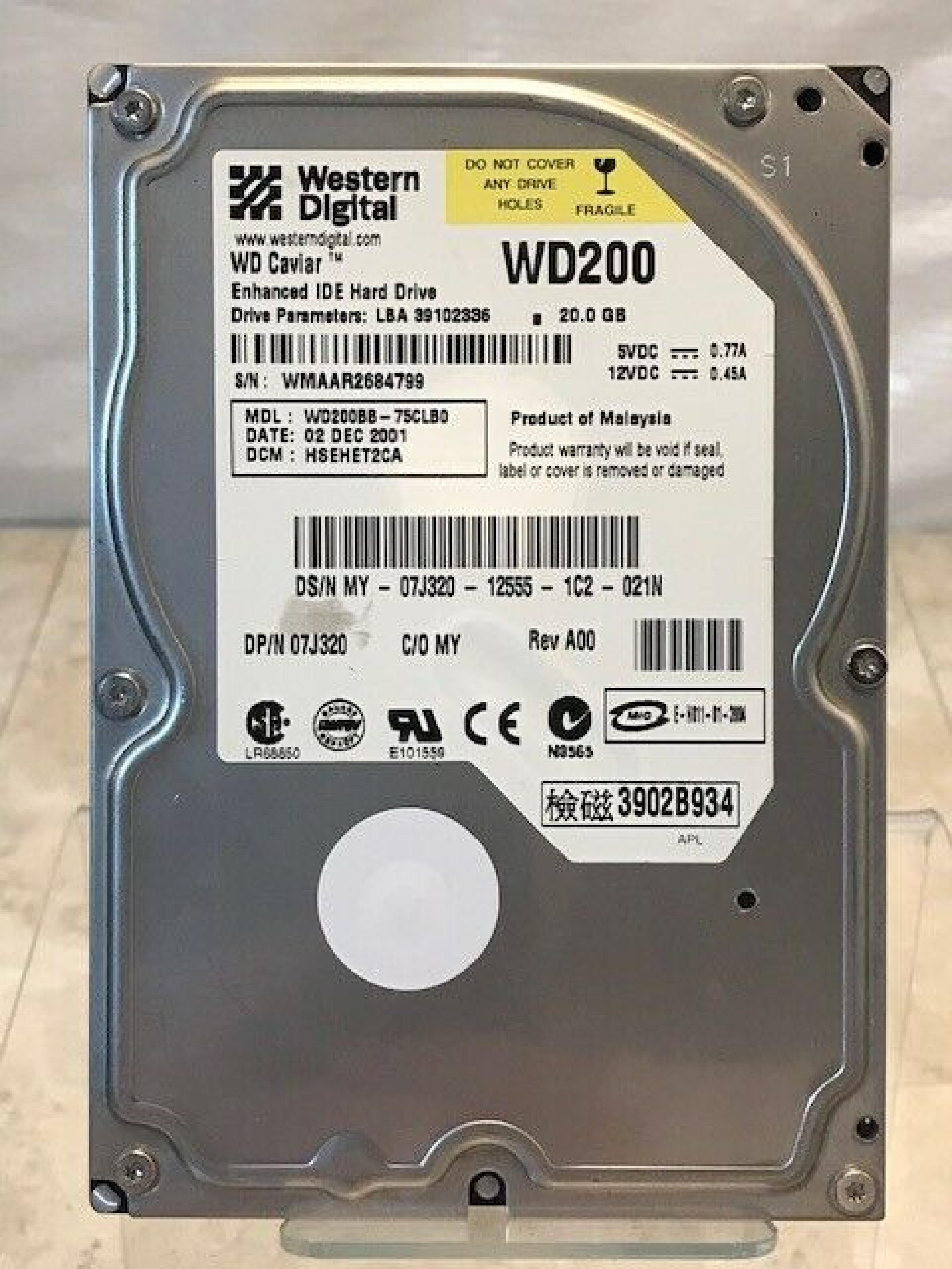 WESTERN DIGITAL / WD WD200BB-75CLB0 20GB IDE DRIVE LBA 39102336 13 OCT 2001 DCM HSBHET2CH