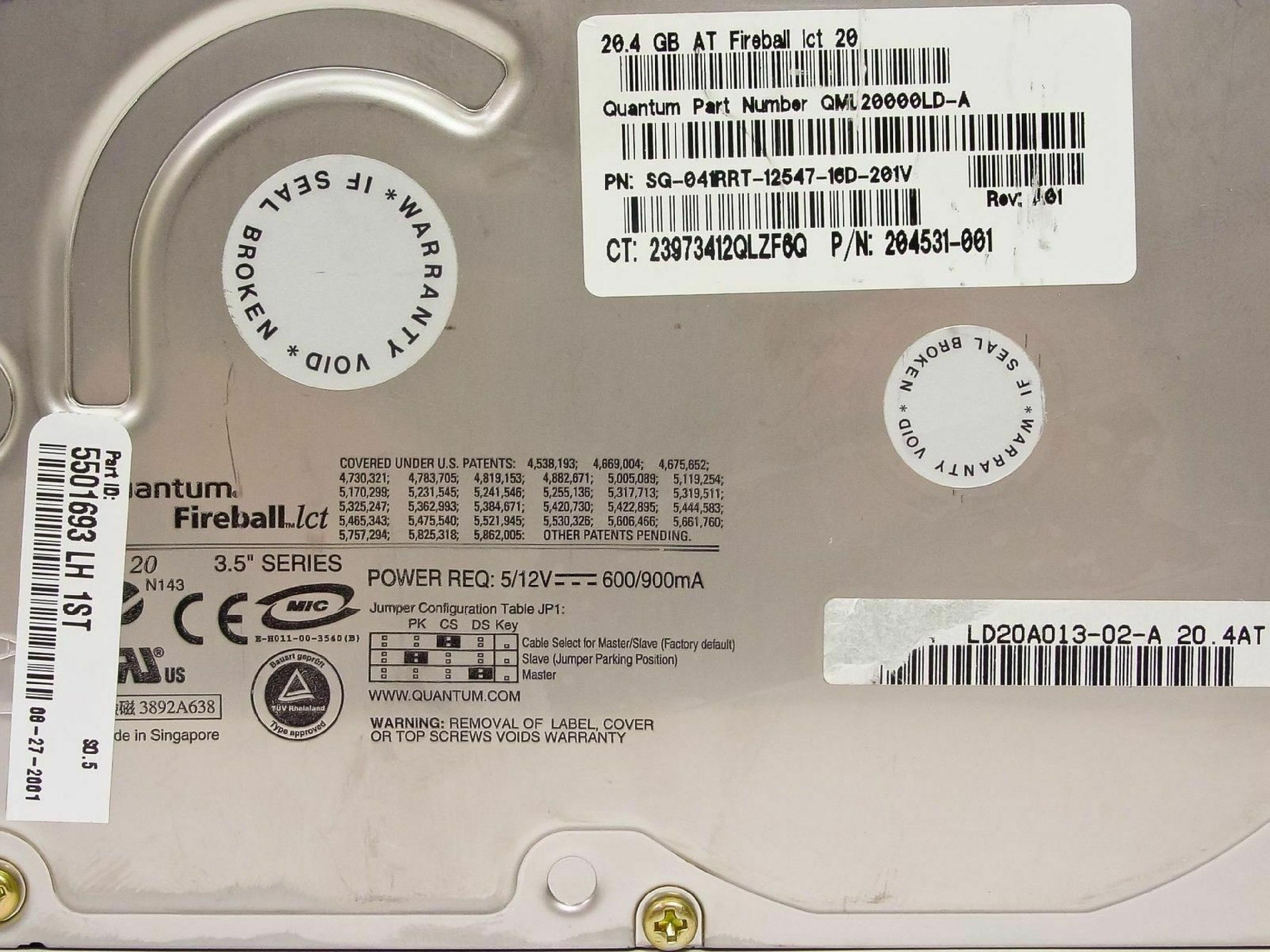 QUANTUM 20.4AT 20.4GB IDE DRIVE LBA 39876480 DATE 18 DEC 2000 FW APL09