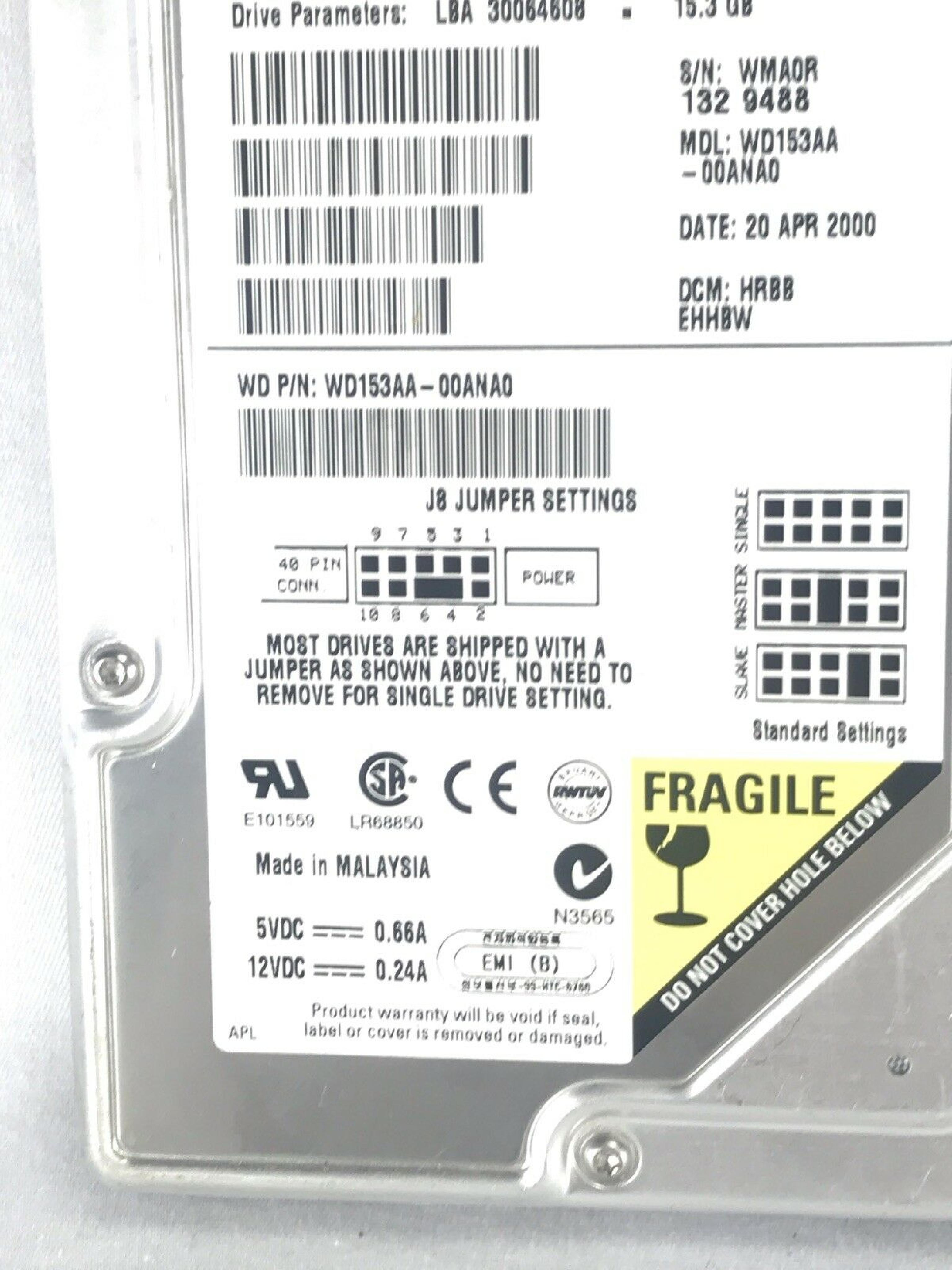 WESTERN DIGITAL / WD WD153AA-00ANA0 15.3GB IDE DRIVE LBA 30064608 DATE 02 APR 2000 DCM RSAA EHHA0 15GB RSAAEHHA0