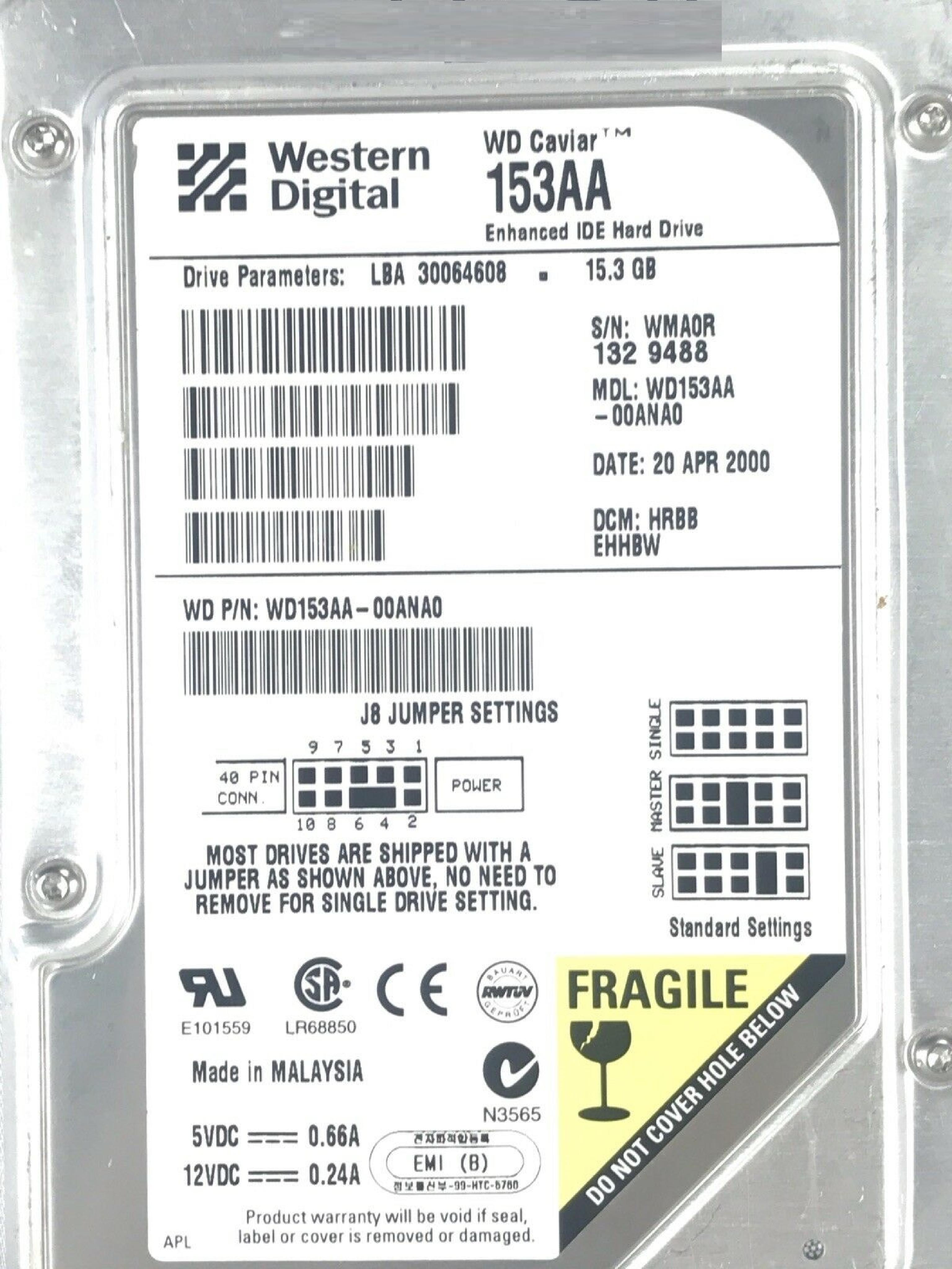 WESTERN DIGITAL / WD WD153AA-00ANA0 15.3GB IDE DRIVE LBA 30064608 DATE 02 APR 2000 DCM RSAA EHHA0 15GB RSAAEHHA0